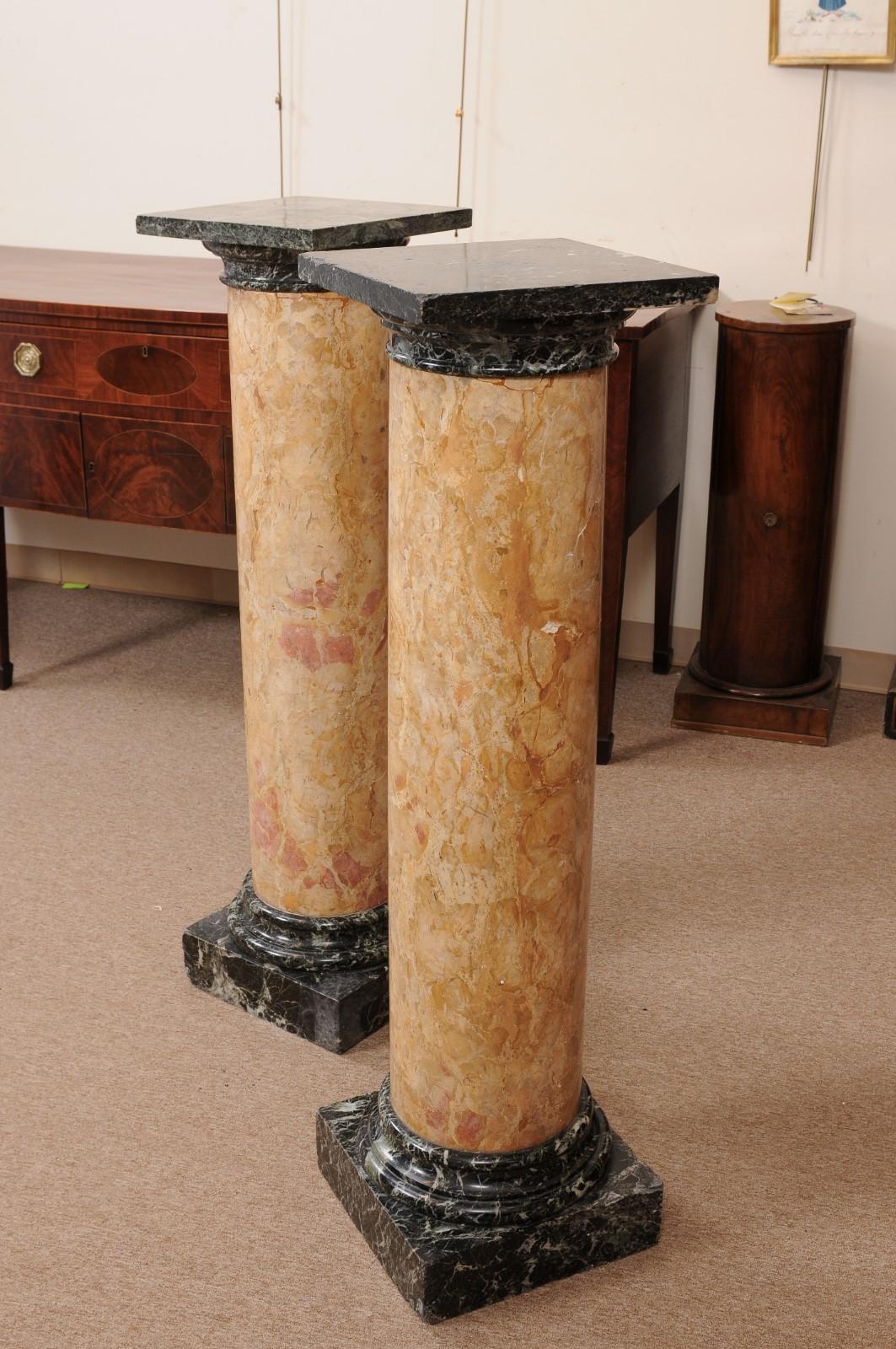 Pair of 19th Century Italian Tan & Green Marble Columns/Pedestals For Sale 8