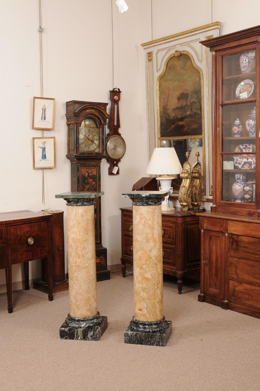 Pair of 19th Century Italian Tan & Green Marble Columns/Pedestals For Sale 9