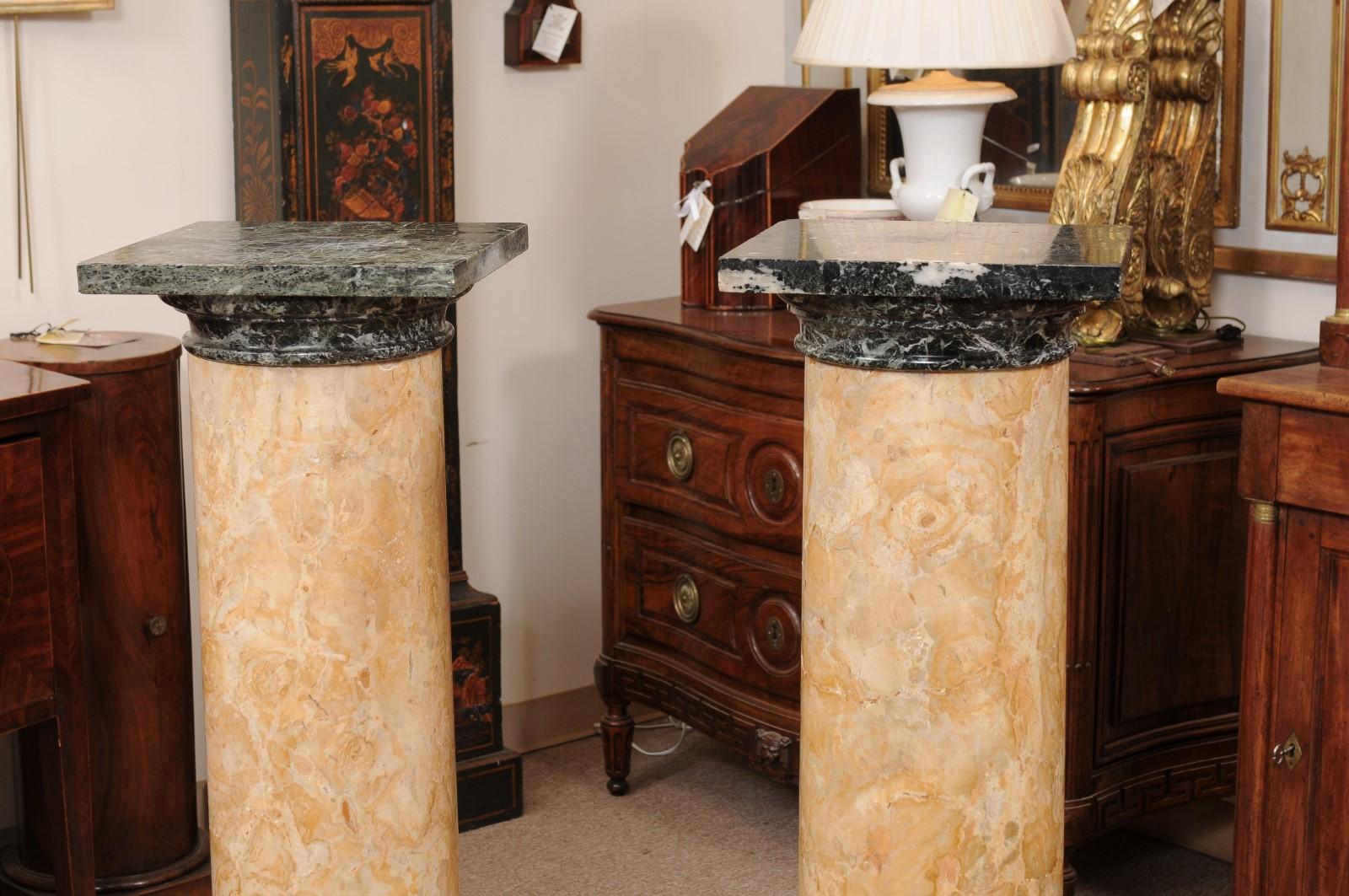 Pair of 19th Century Italian Tan & Green Marble Columns/Pedestals For Sale 11