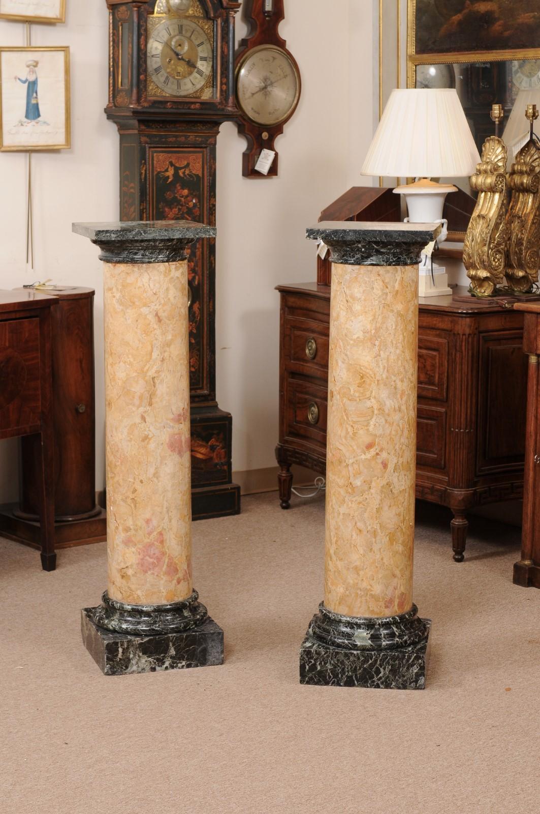 Pair of 19th Century Italian Tan & Green Marble Columns/Pedestals In Fair Condition For Sale In Atlanta, GA