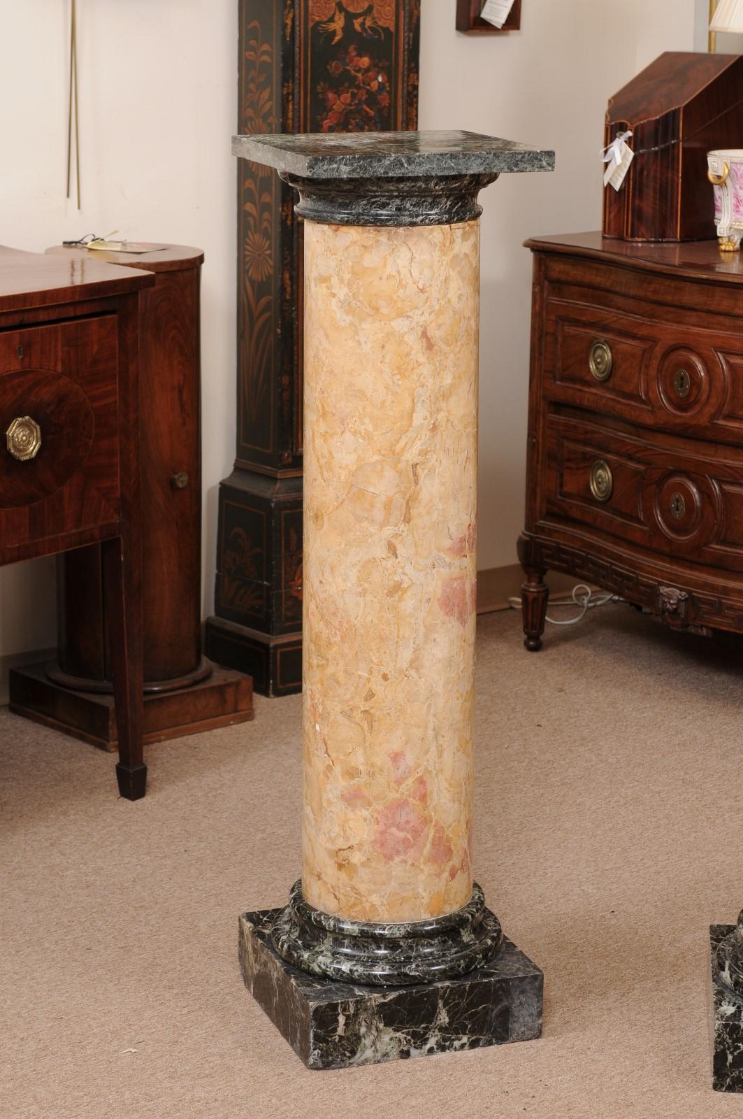 Pair of 19th Century Italian Tan & Green Marble Columns/Pedestals For Sale 1