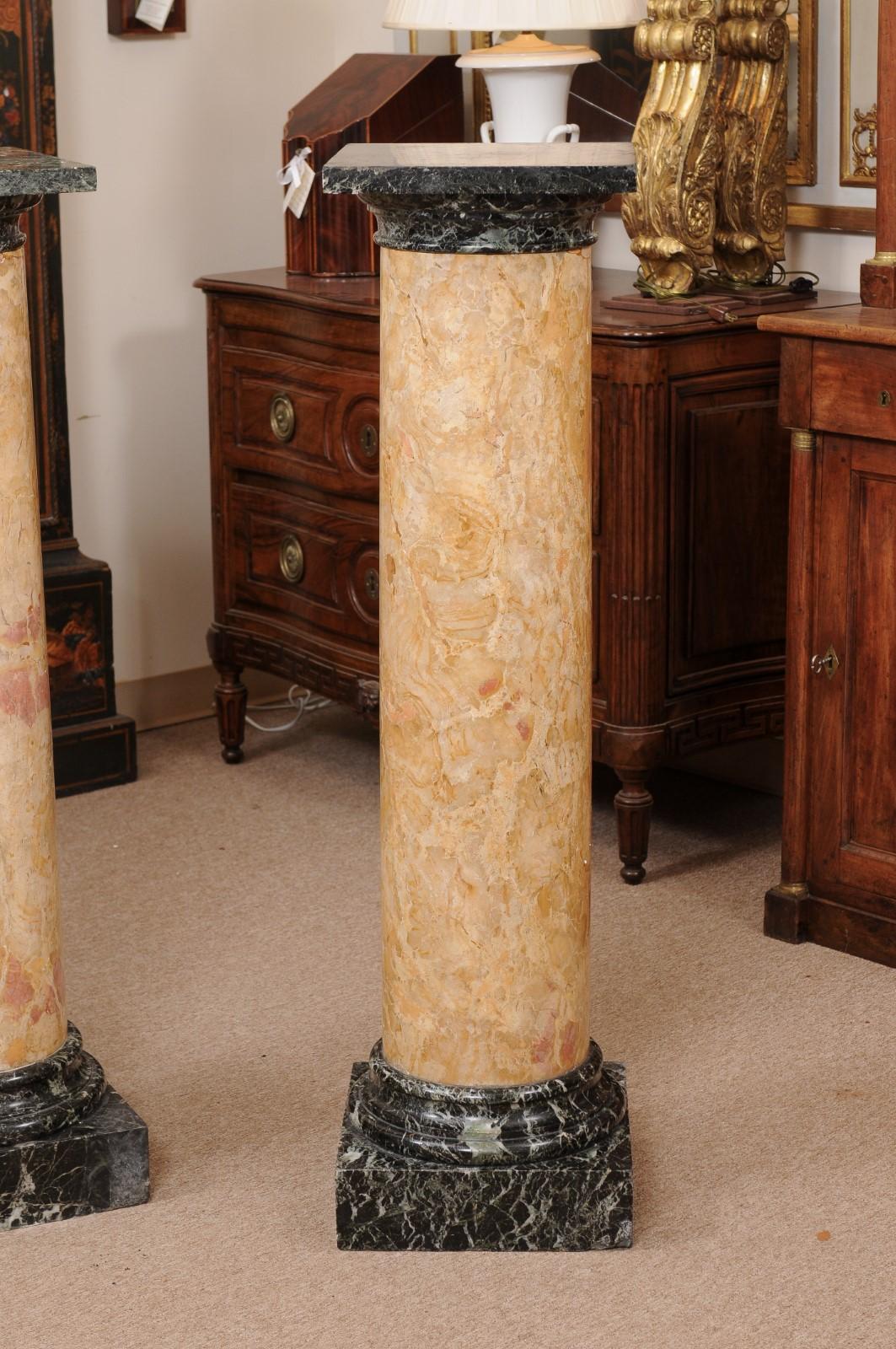Pair of 19th Century Italian Tan & Green Marble Columns/Pedestals For Sale 2