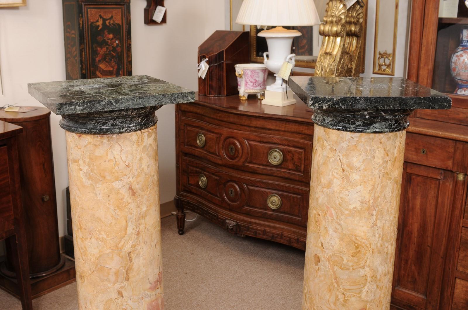 Pair of 19th Century Italian Tan & Green Marble Columns/Pedestals For Sale 4