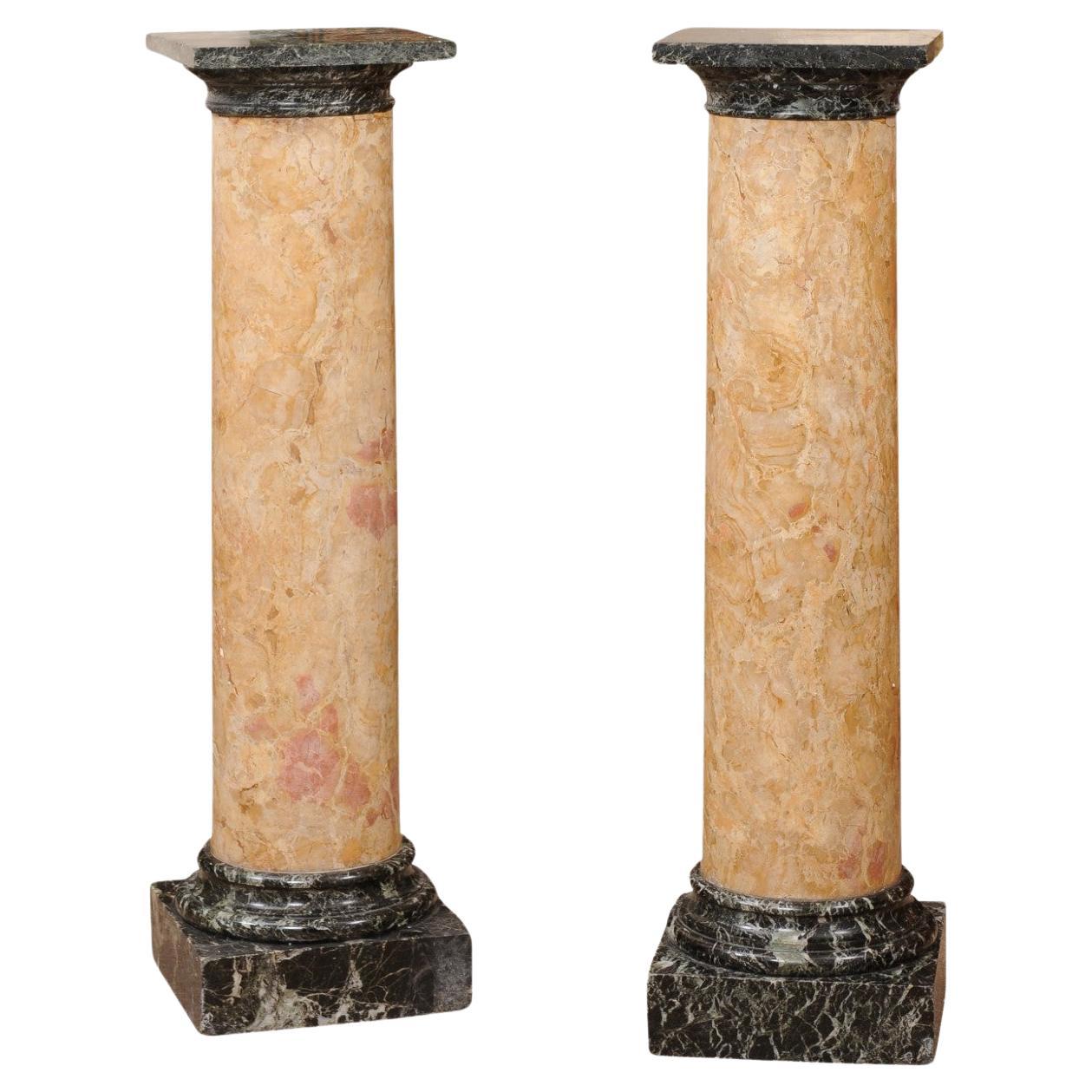 Pair of 19th Century Italian Tan & Green Marble Columns/Pedestals For Sale