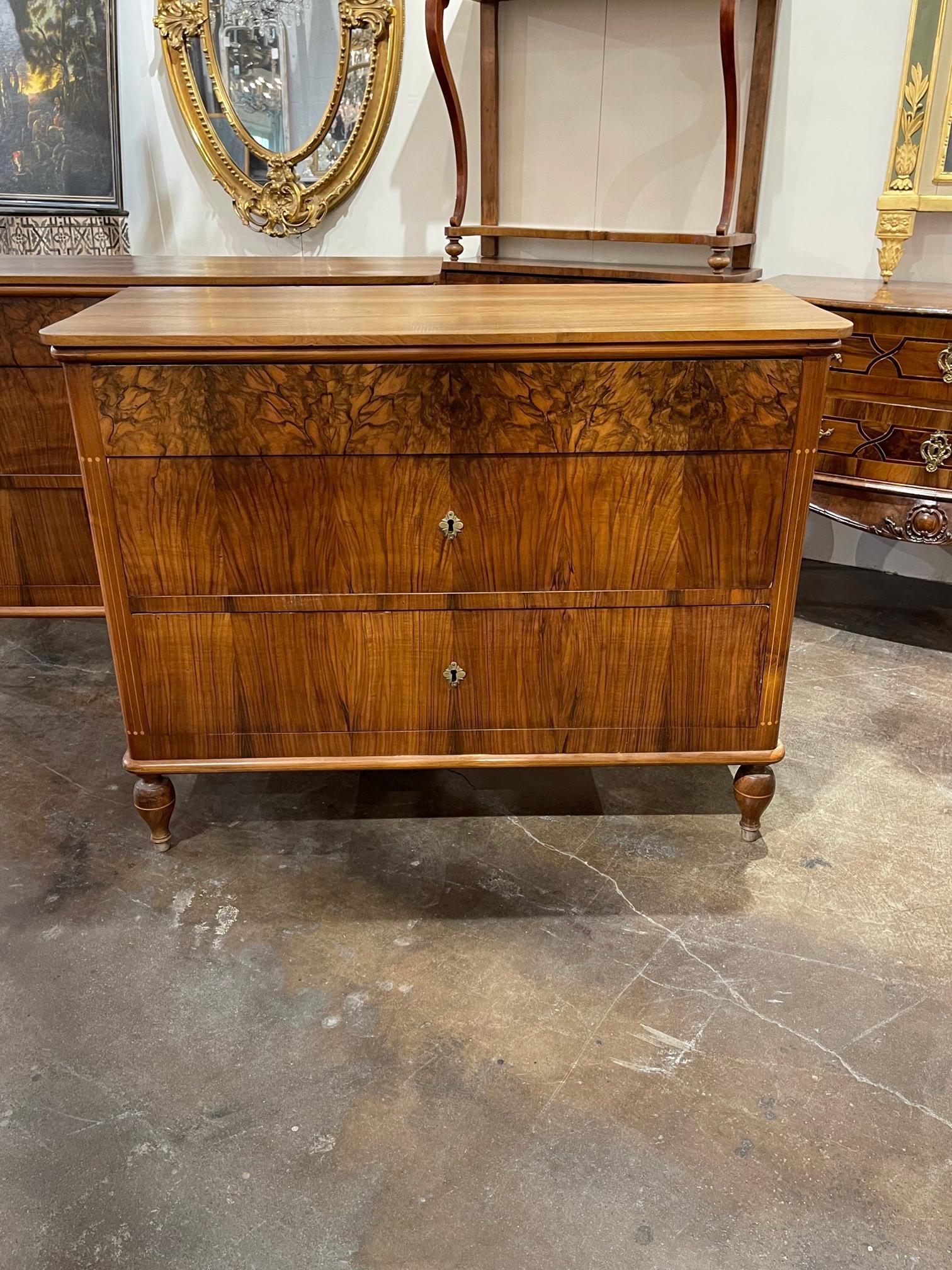 Exceptional pair of 19th century Italian walnut commodes. Beautiful finish, excellent quality craftsmanship as well as ample storage. The keys are included. Fabulous!!