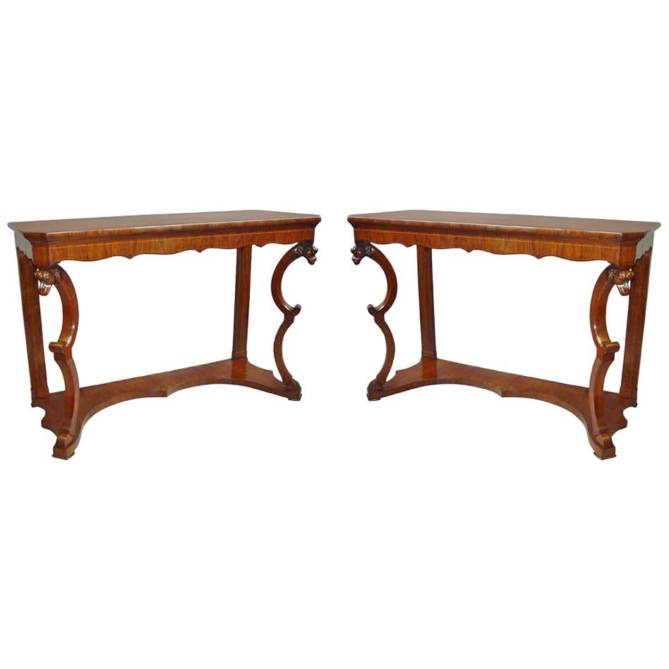 Pair of 19th Century Italian Walnut Console Tables For Sale