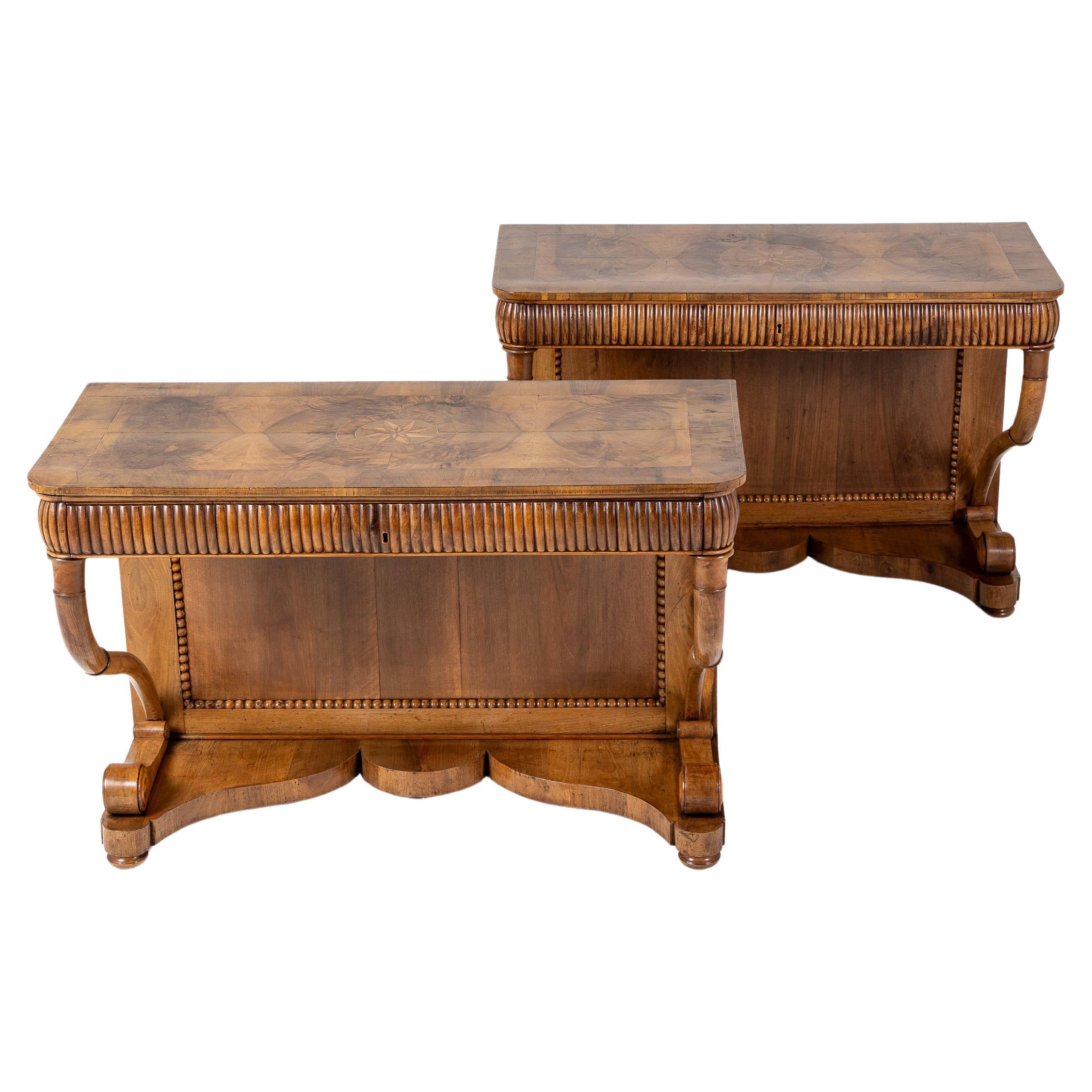 Pair of 19th Century Italian Walnut Console Tables For Sale