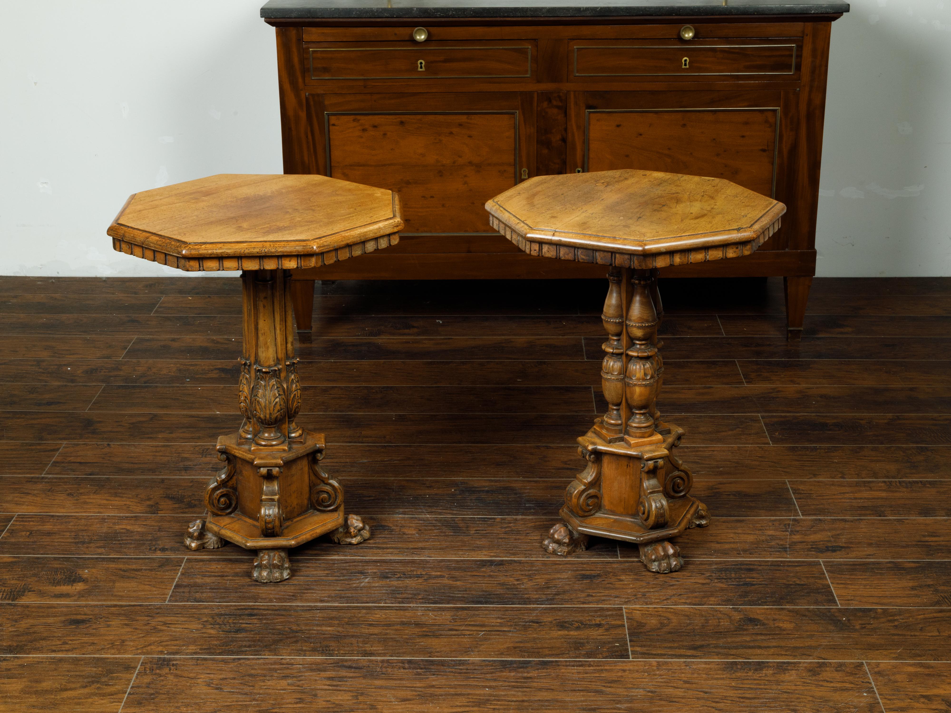 Pair of 19th Century Italian Walnut Guéridons with Octagonal Top and Ornate Base 3