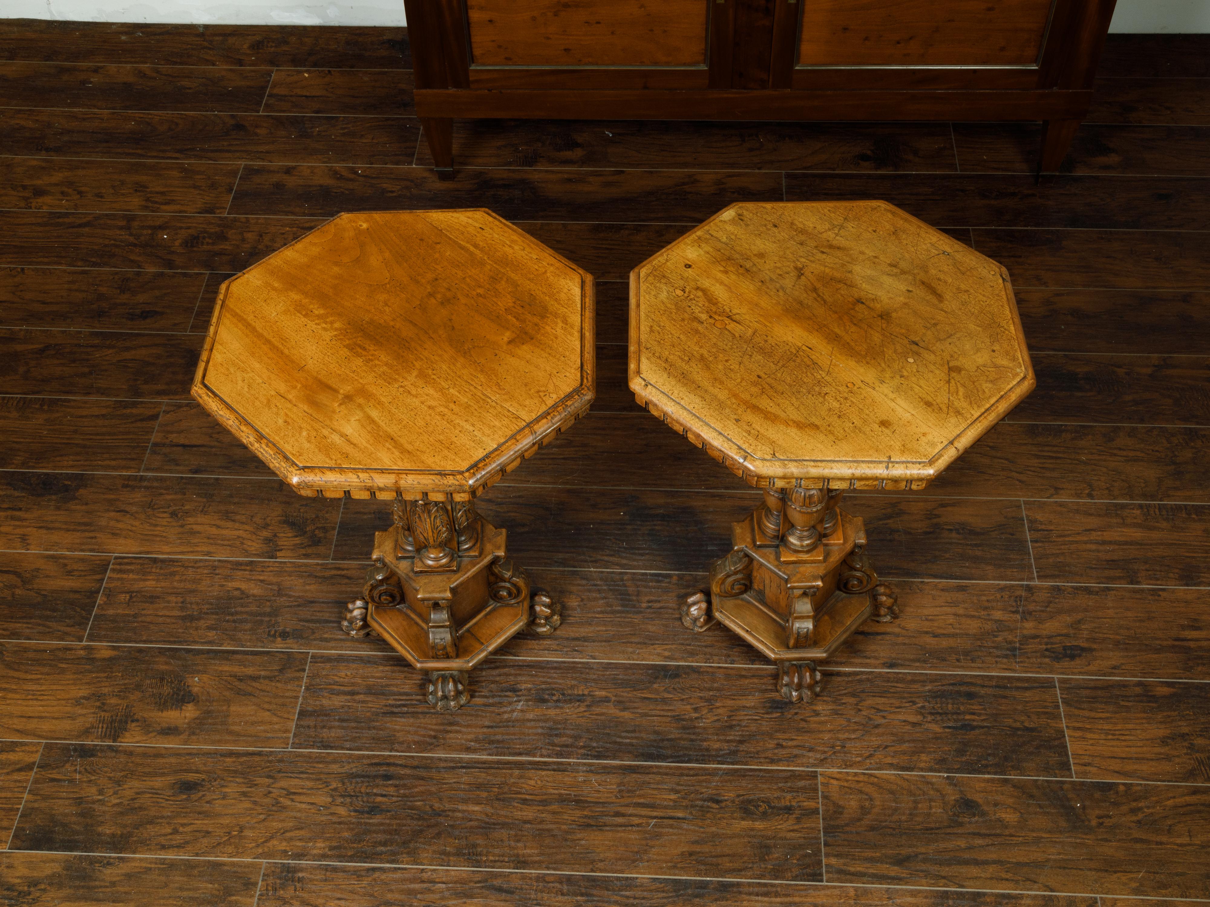 Pair of 19th Century Italian Walnut Guéridons with Octagonal Top and Ornate Base 4