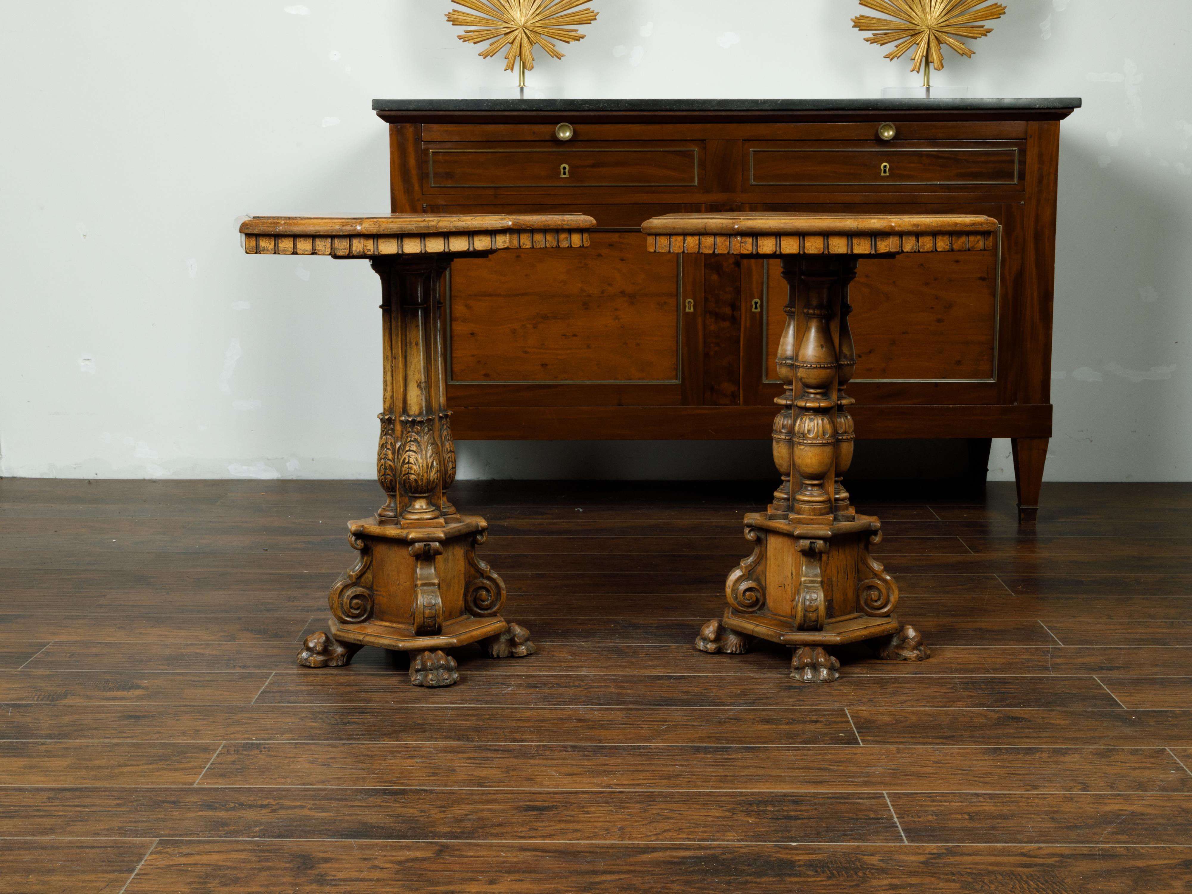 Pair of 19th Century Italian Walnut Guéridons with Octagonal Top and Ornate Base 5