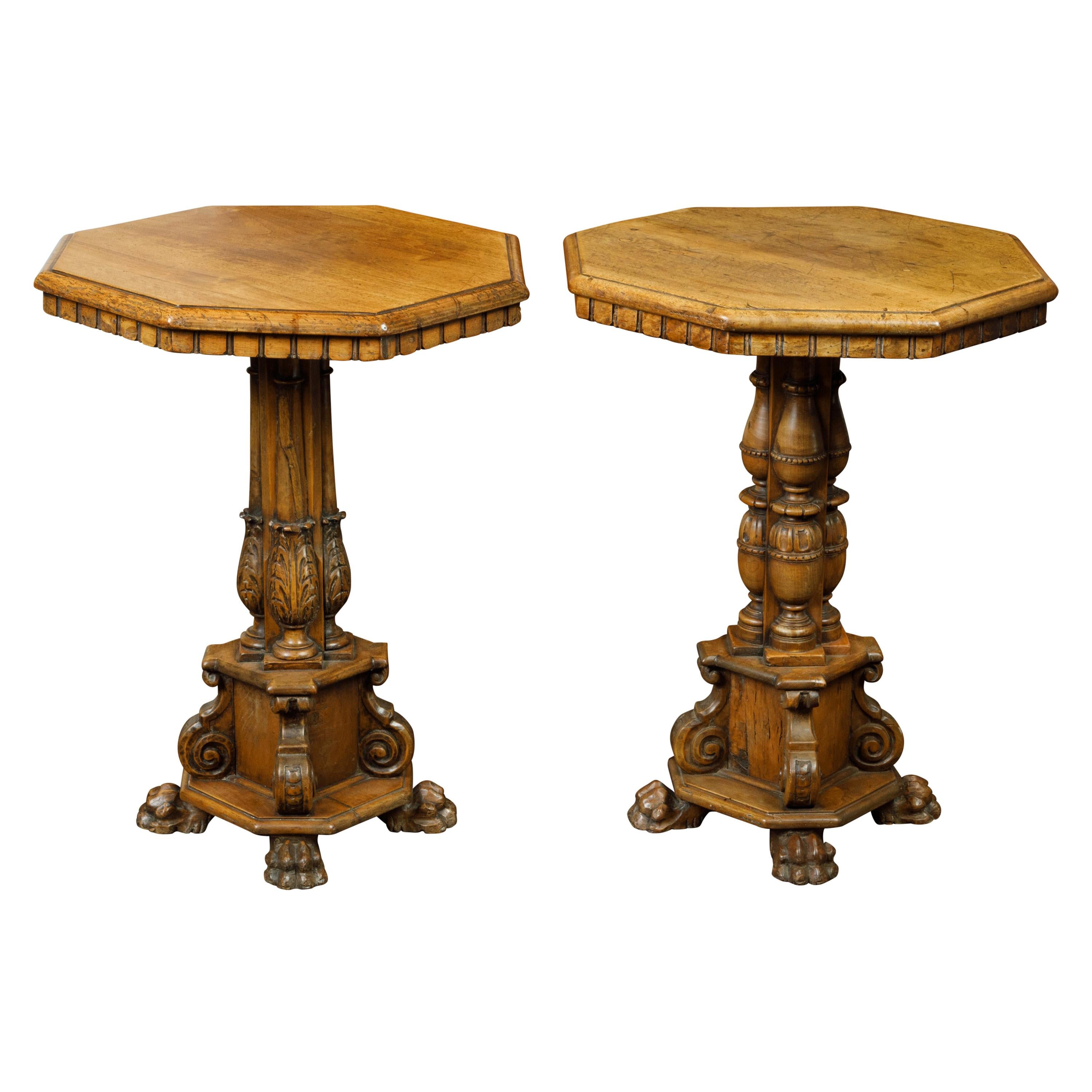 Pair of 19th Century Italian Walnut Guéridons with Octagonal Top and Ornate Base
