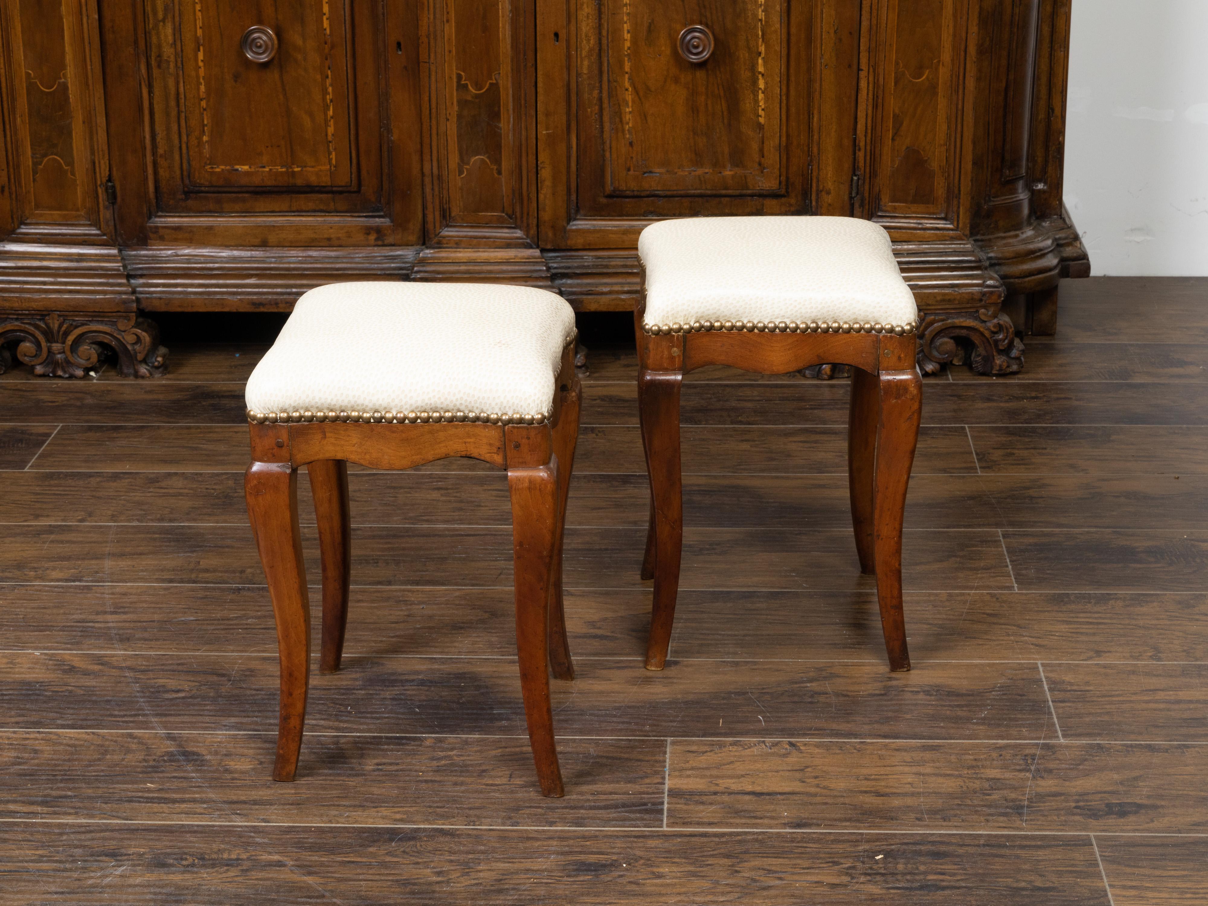 Pair of 19th Century Italian Walnut Stools with Cabriole Legs and New Upholstery In Good Condition For Sale In Atlanta, GA