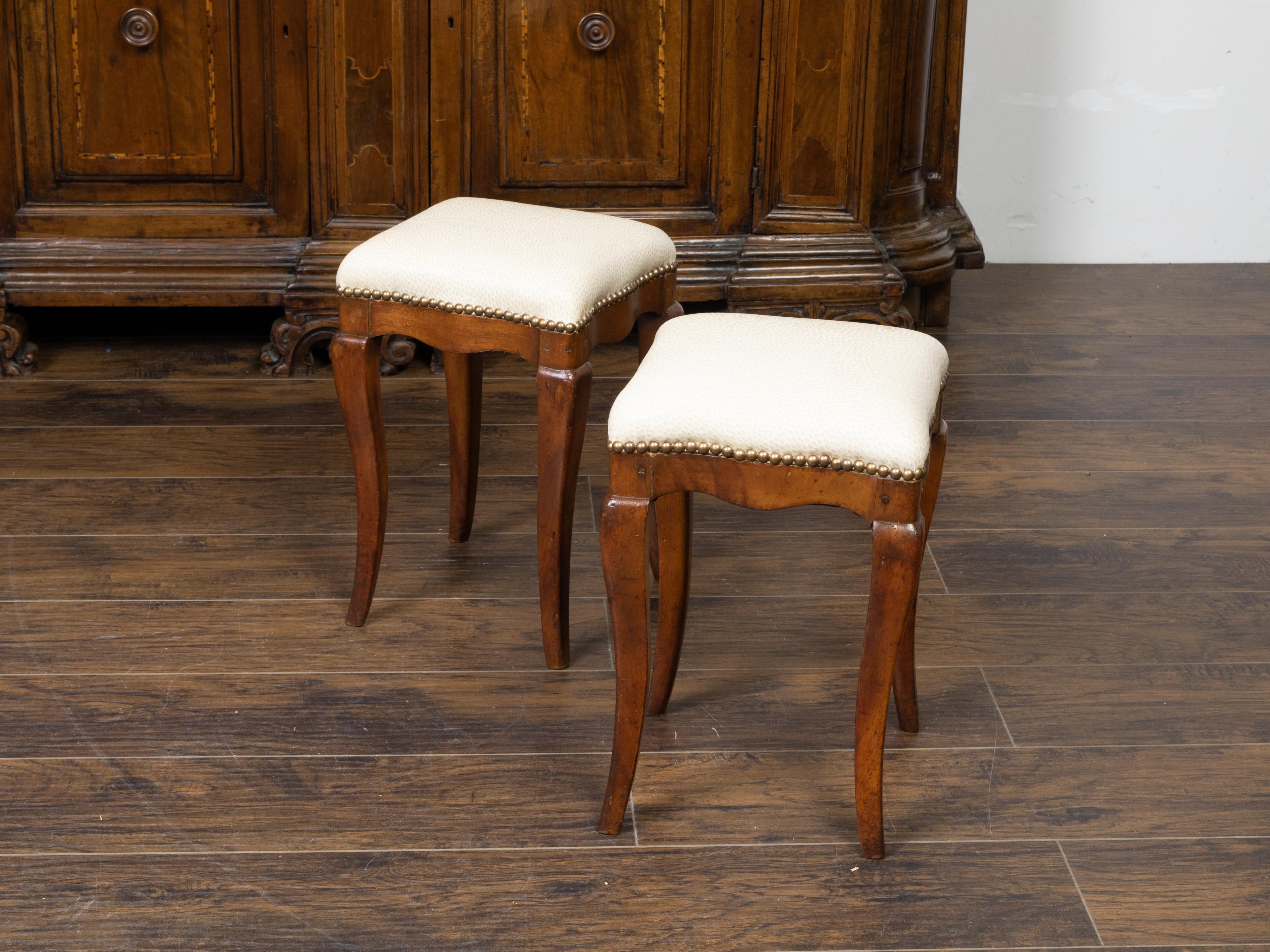 Brass Pair of 19th Century Italian Walnut Stools with Cabriole Legs and New Upholstery For Sale