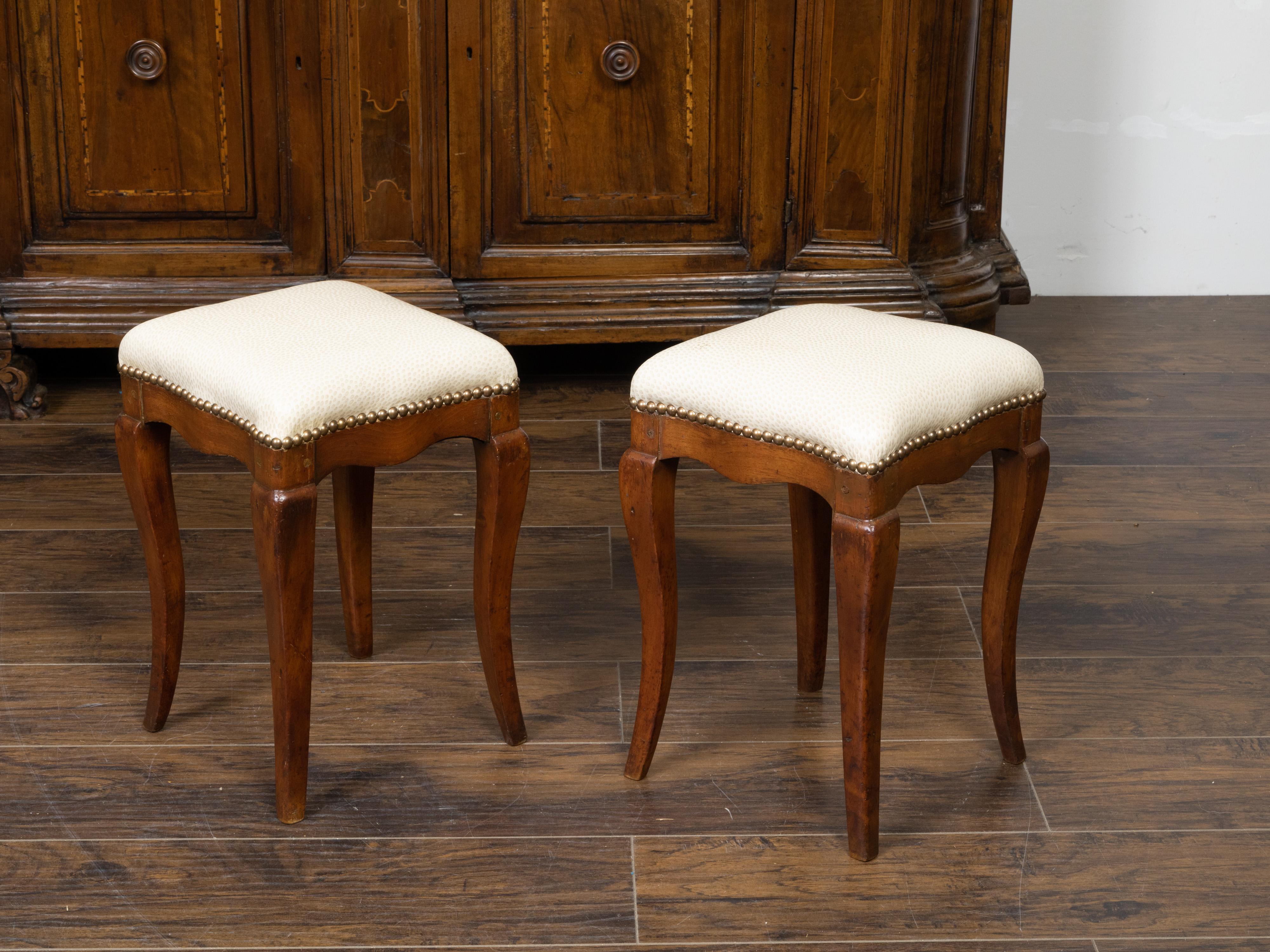 Pair of 19th Century Italian Walnut Stools with Cabriole Legs and New Upholstery For Sale 2