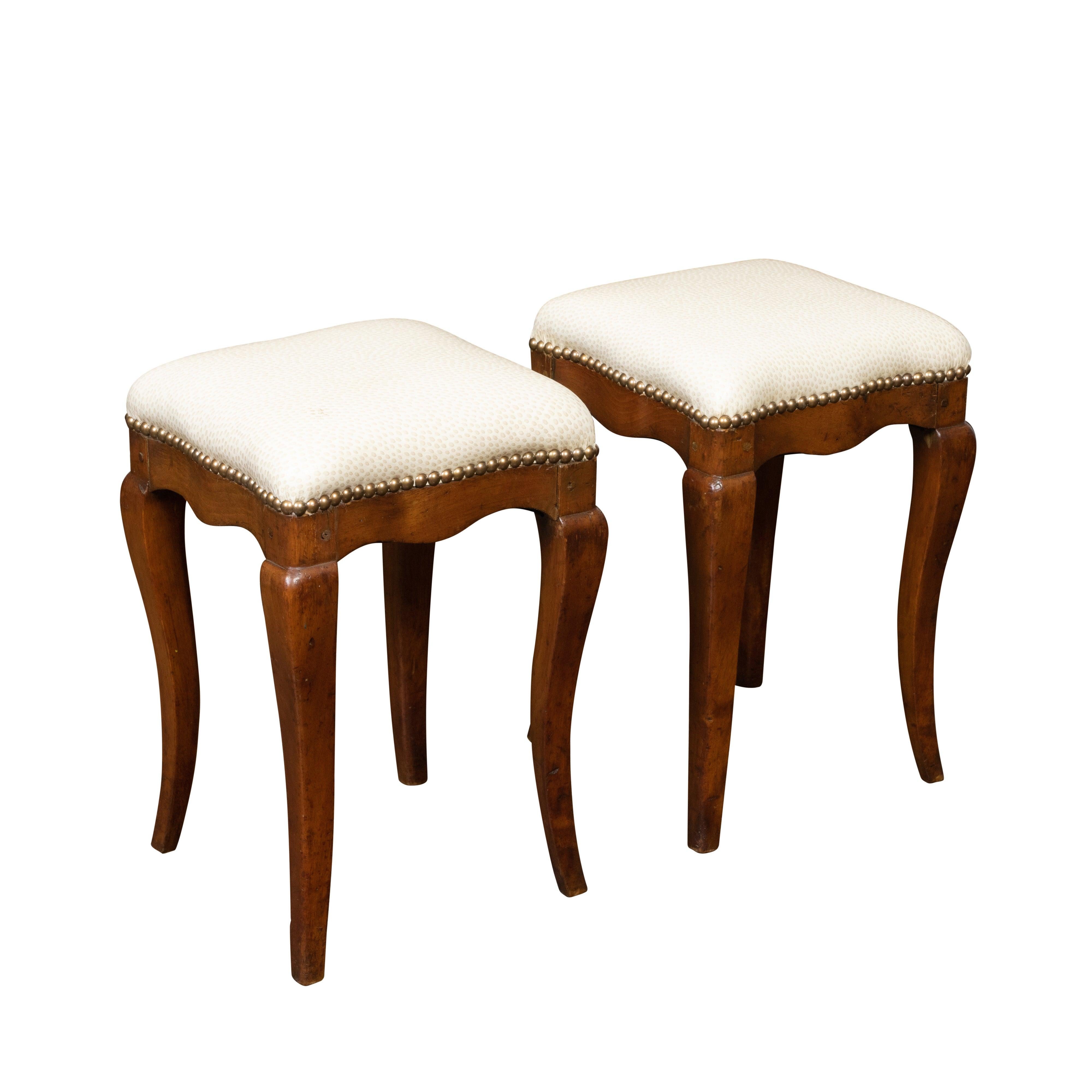 Pair of 19th Century Italian Walnut Stools with Cabriole Legs and New Upholstery For Sale
