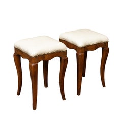Pair of 19th Century Italian Walnut Stools with Cabriole Legs and New Upholstery