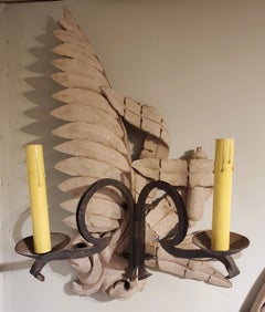 Pair of 19th Century Italian Wrought Iron and Lime Wood "Cat Tail" Wall Sconces