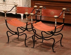 Pair of 19th Century Italian Wrought Iron, Bronze and Leather Campaign Armchairs