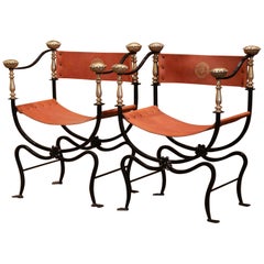 Pair of 19th Century Italian Wrought Iron, Bronze and Leather Campaign Armchairs