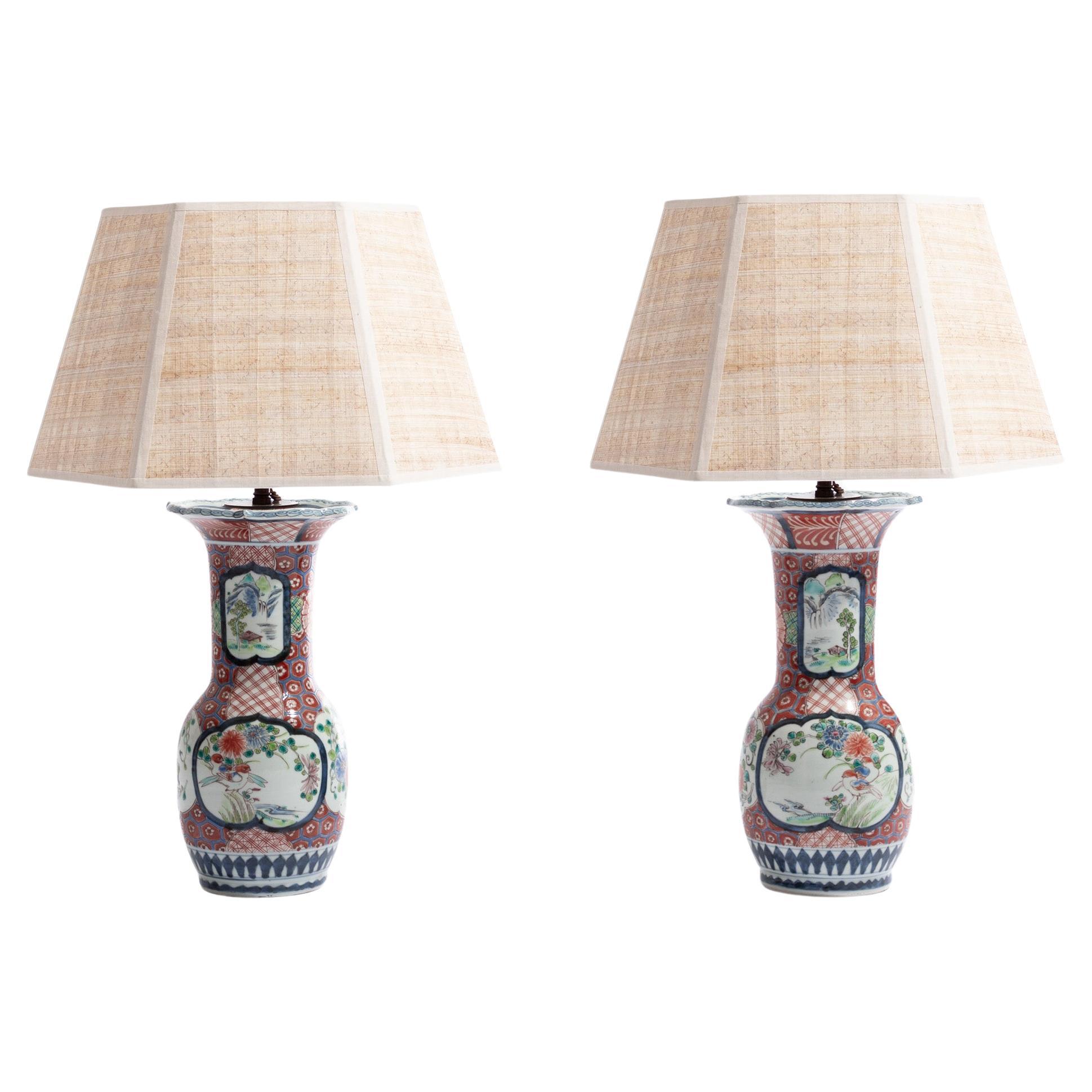 Pair of 19th Century Japanese Arita Imari Porcelain Vase Lamps