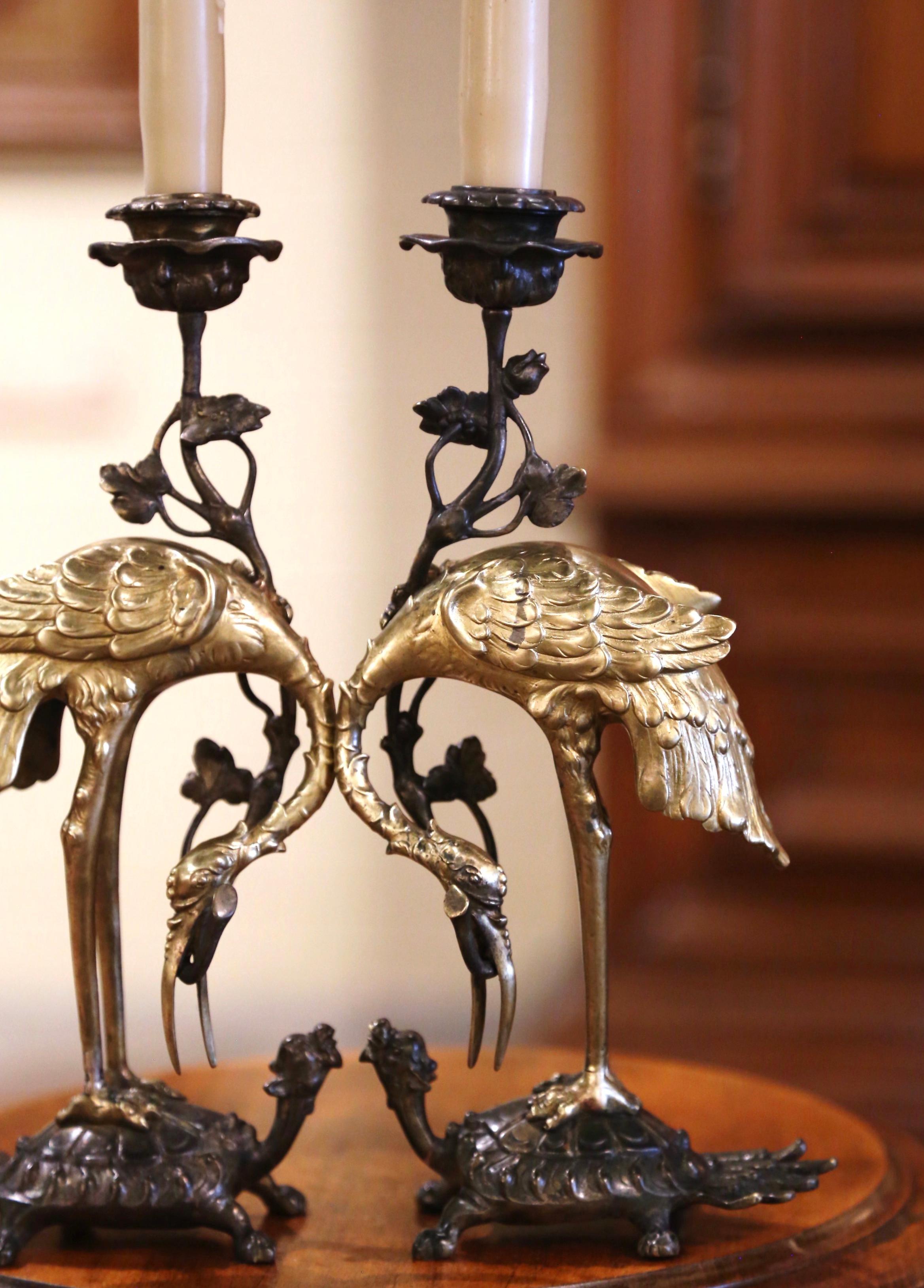 Meiji Pair of 19th Century Japanese Bronze Crane and Turtle Candle Holders