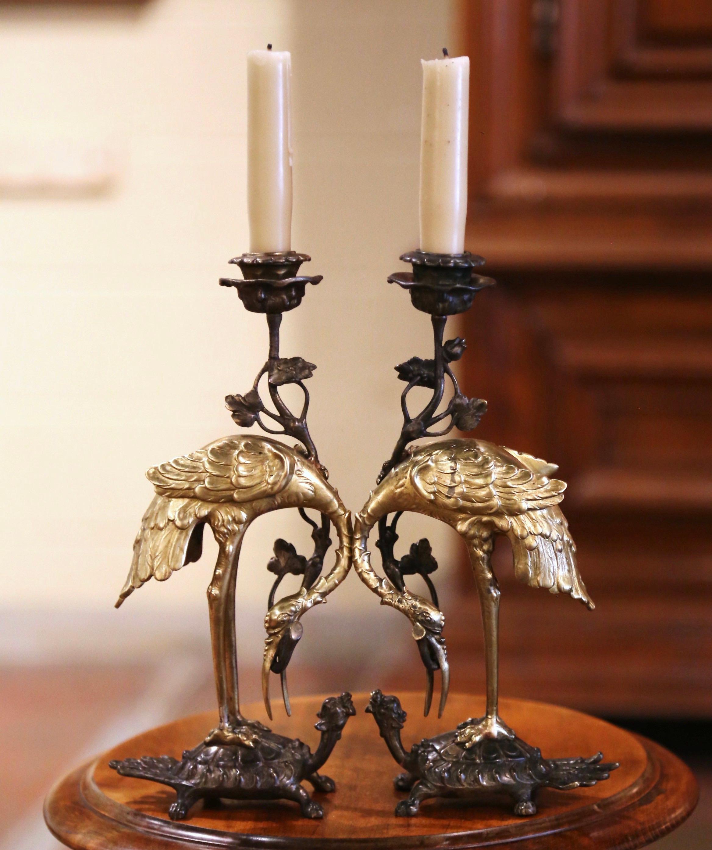 Cast Pair of 19th Century Japanese Bronze Crane and Turtle Candle Holders