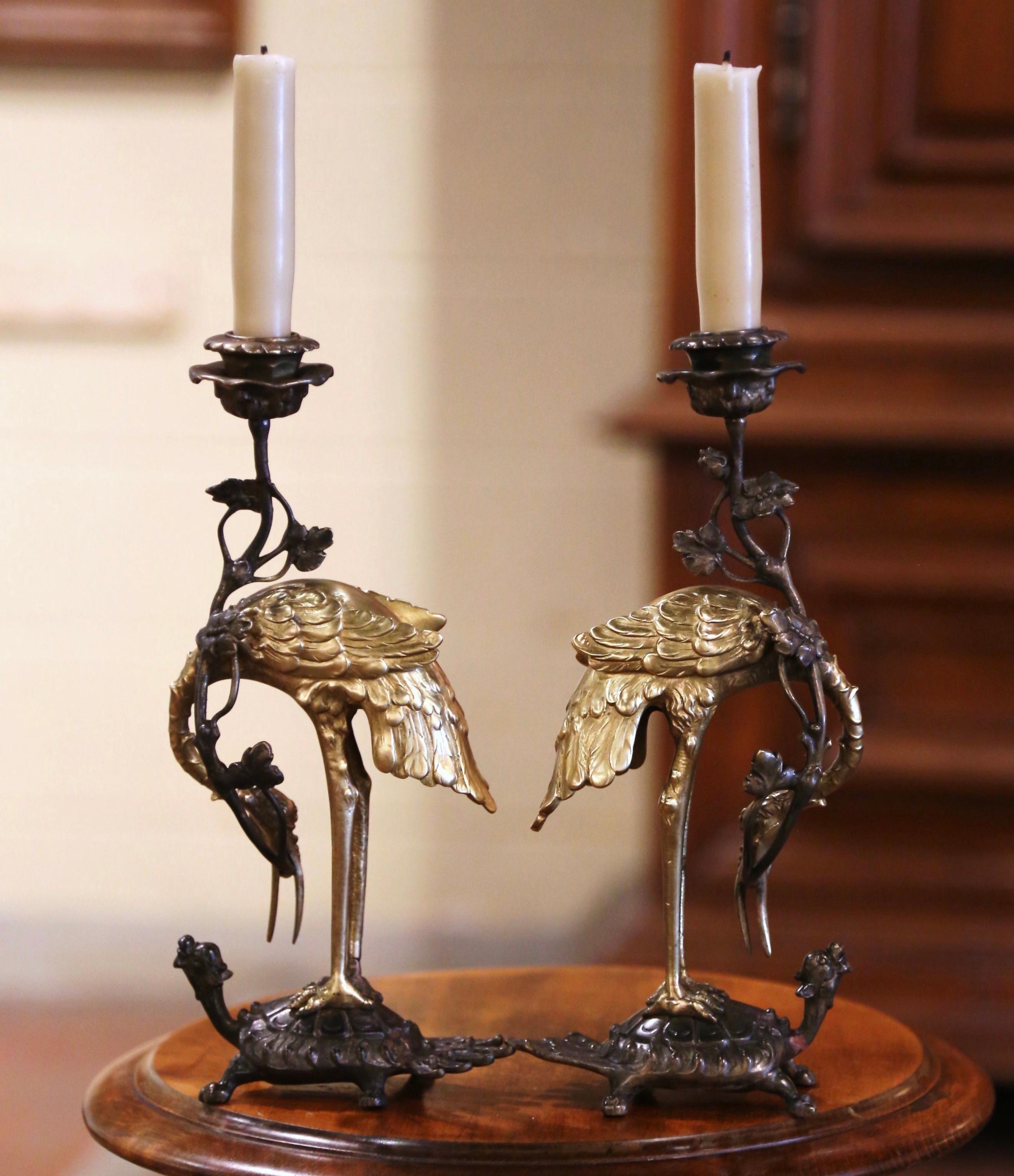 Pair of 19th Century Japanese Bronze Crane and Turtle Candle Holders In Excellent Condition In Dallas, TX