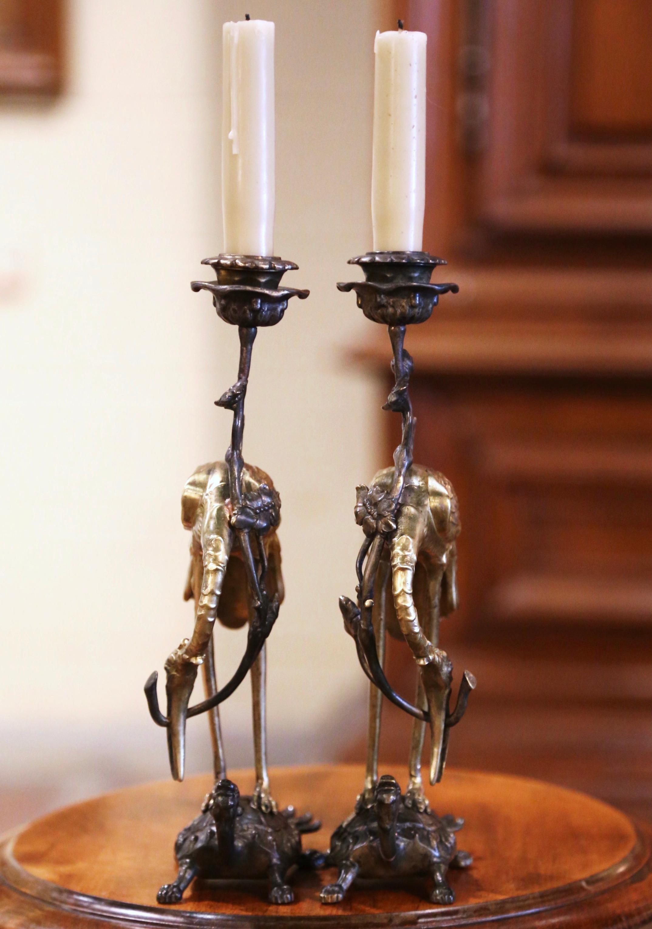 Pair of 19th Century Japanese Bronze Crane and Turtle Candle Holders 1