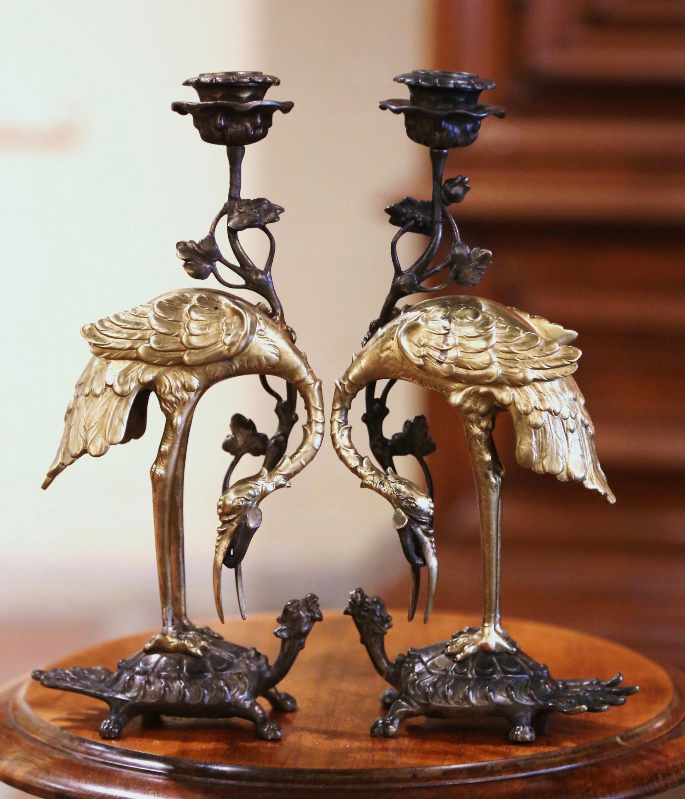 Pair of 19th Century Japanese Bronze Crane and Turtle Candle Holders 2