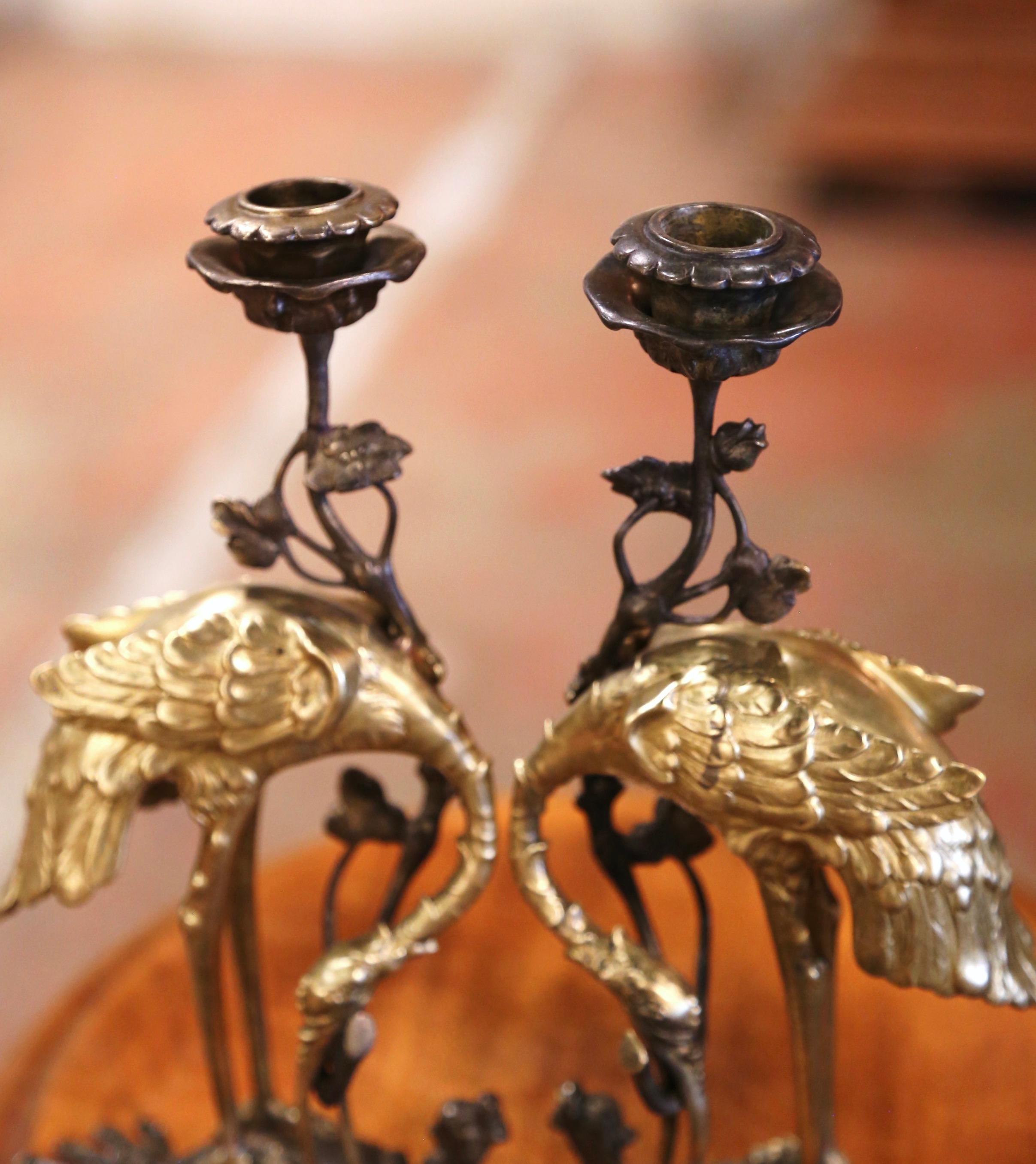 Pair of 19th Century Japanese Bronze Crane and Turtle Candle Holders 3