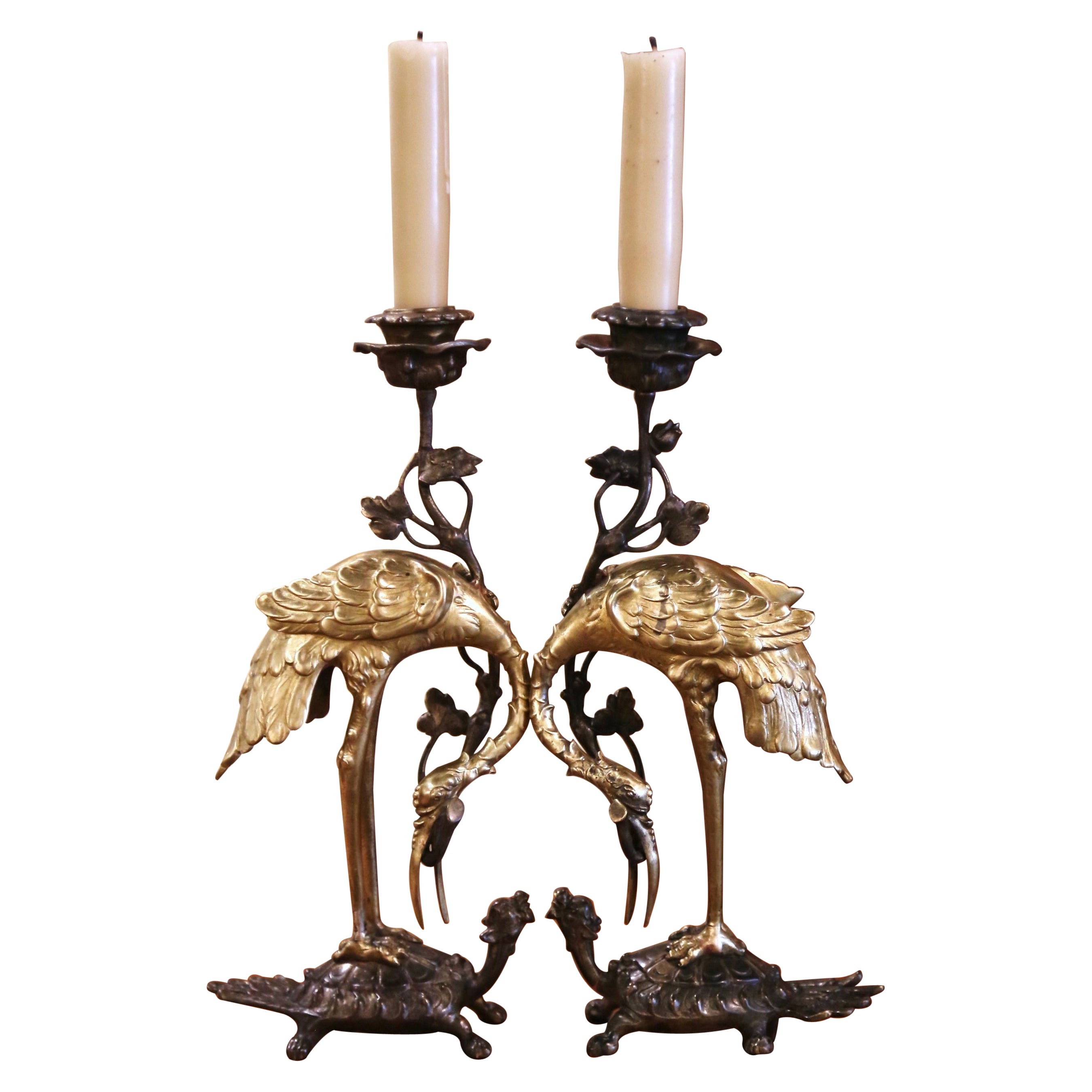Pair of 19th Century Japanese Bronze Crane and Turtle Candle Holders