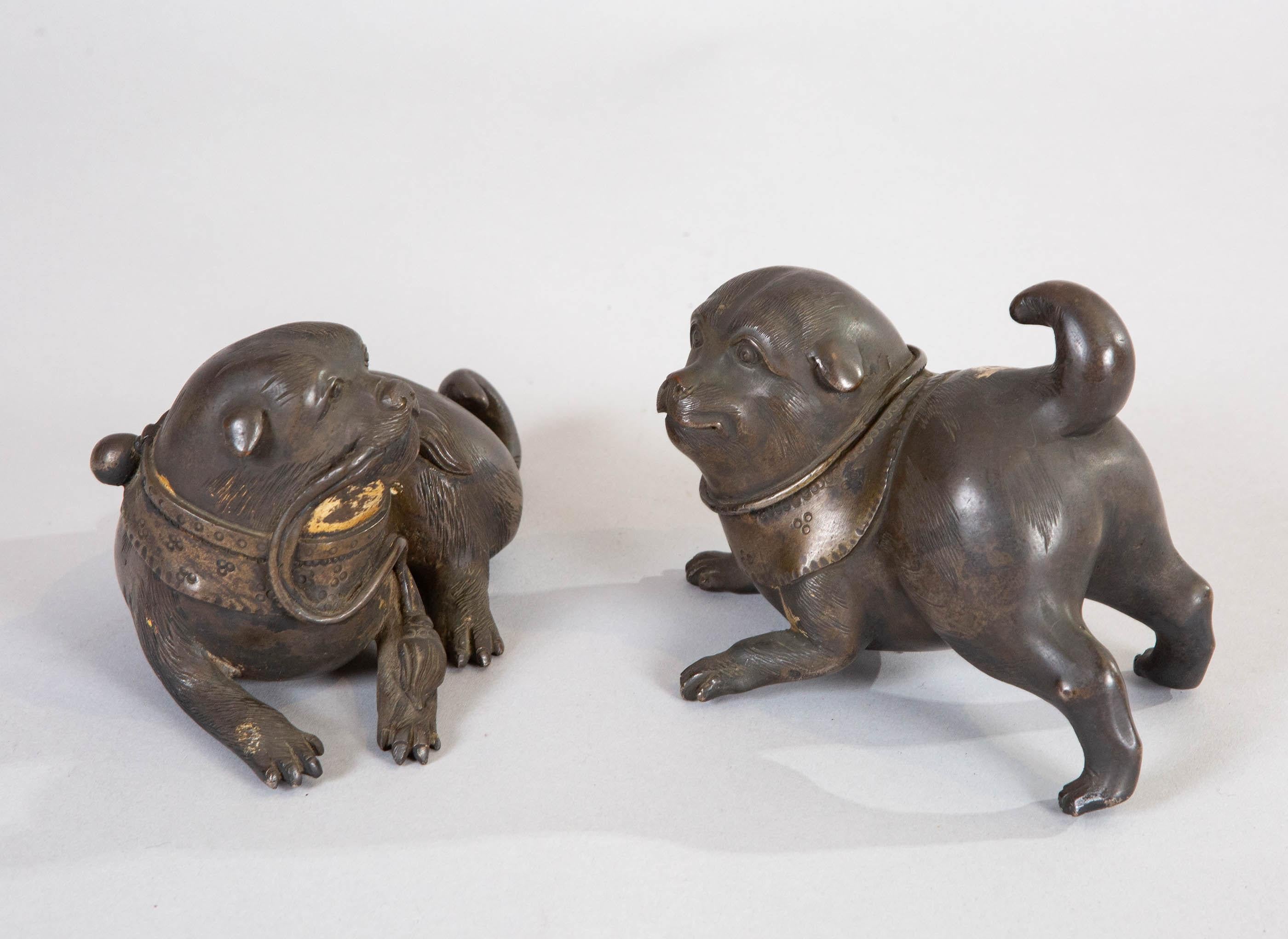 Antique bronze sculptures of puppies playing.  Traces of gold on both, one holding tassels in its mouth. Measurements: 3 1/2