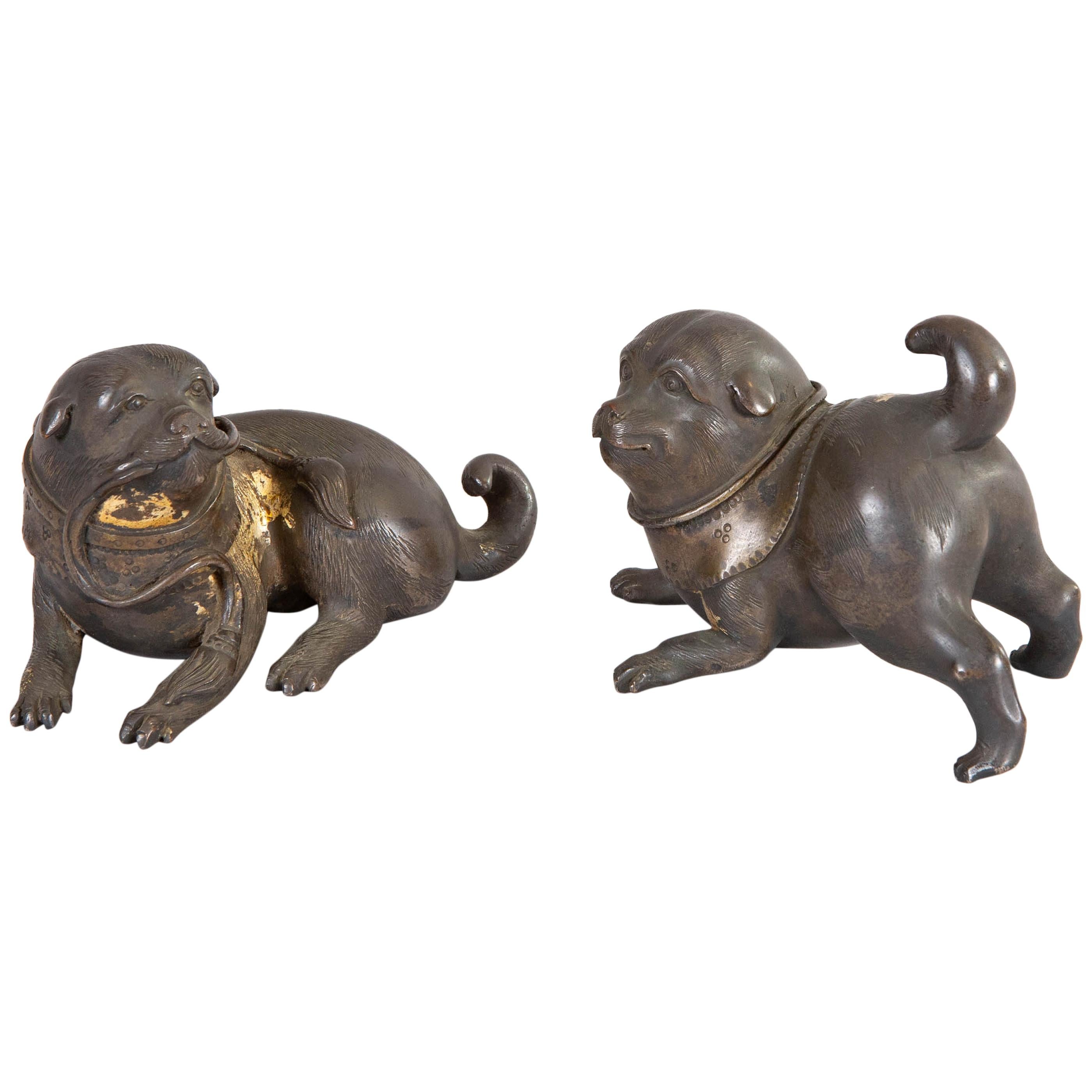 Pair of 19th Century Japanese Bronze Playful Puppies