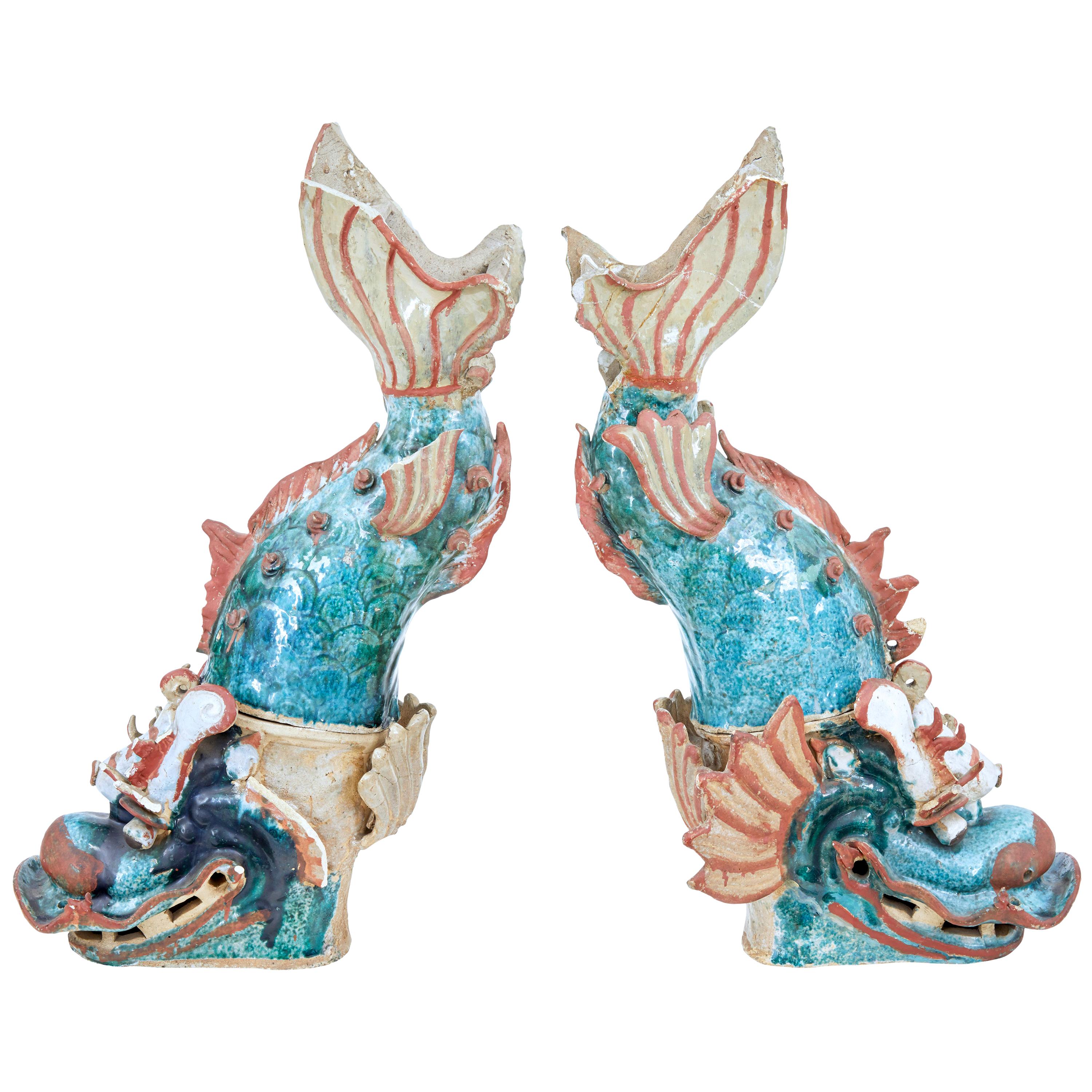 Pair of 19th Century Japanese Ceramic Makara Roof Ornaments