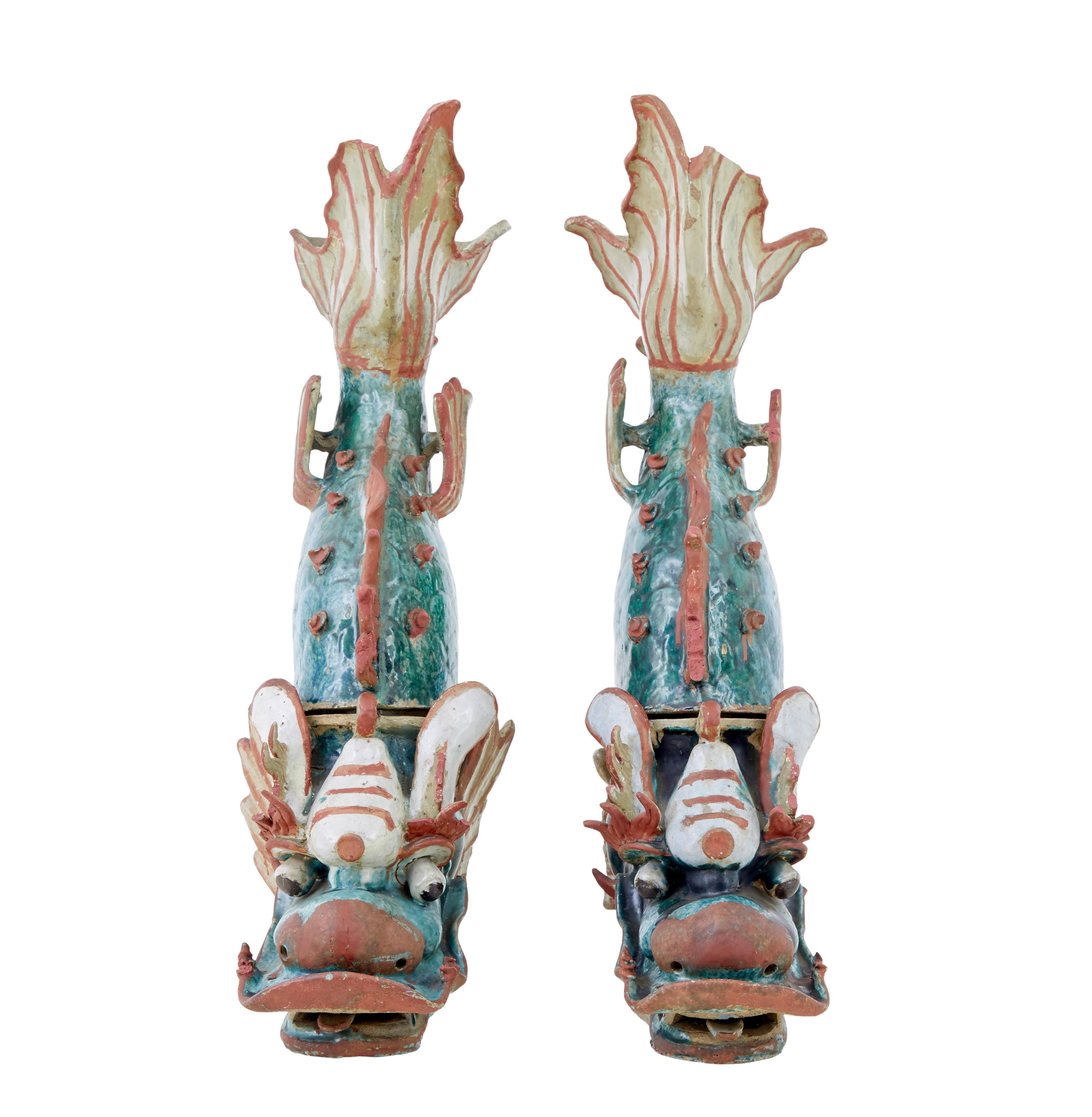 Glazed Pair of 19th century Japanese ceramic Shachikoko roof ornaments For Sale