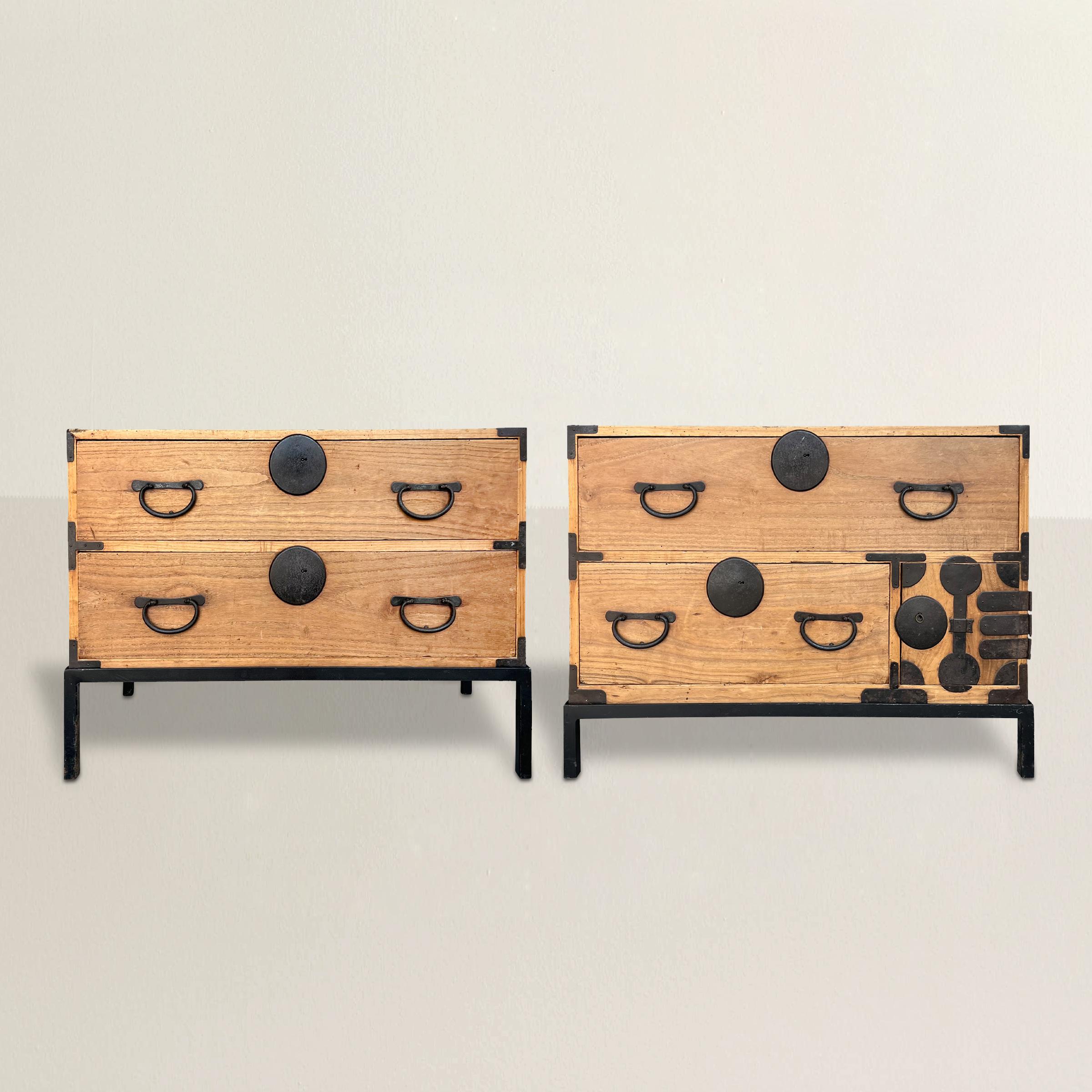 Immerse your living space in timeless elegance with these transformed 19th century Japanese Choba Tansu chests. Crafted from exquisite pine and fine iron fittings and hardware, each chest represents the epitome of traditional Japanese craftsmanship.