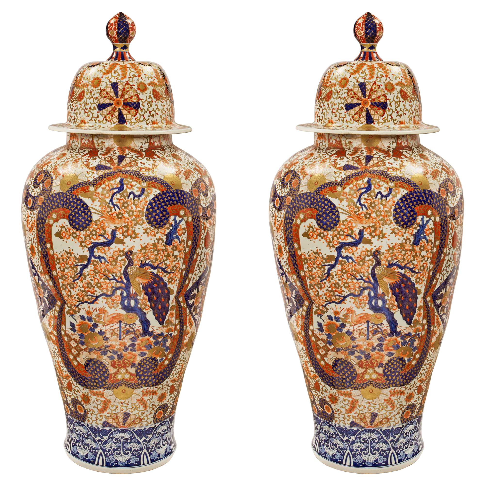 An Exceptional Pair of French 19th Century Imari Porcelain and Ormolu Lidded Urns at 1stDibs