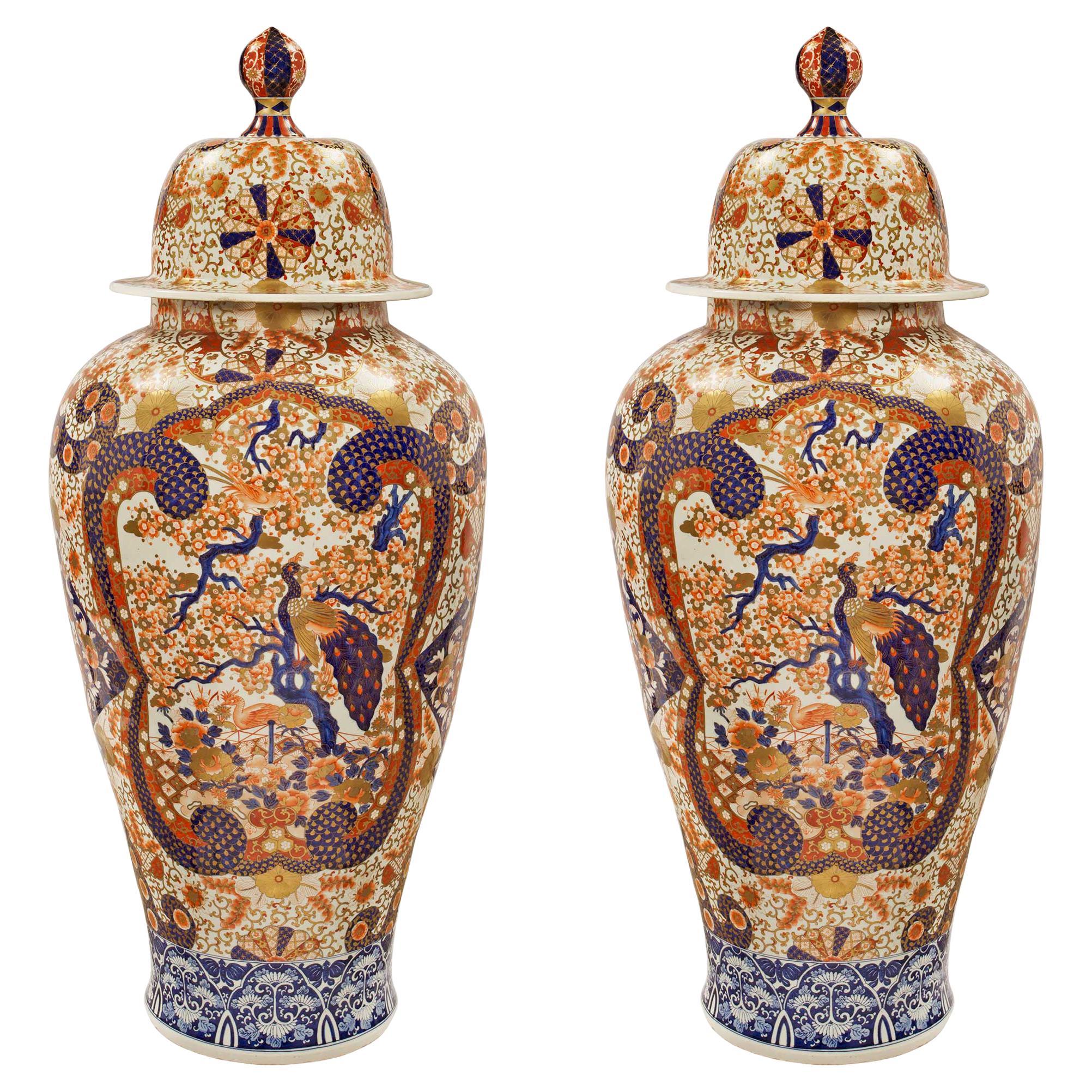 Pair of 19th Century Japanese Imari Porcelain Urns