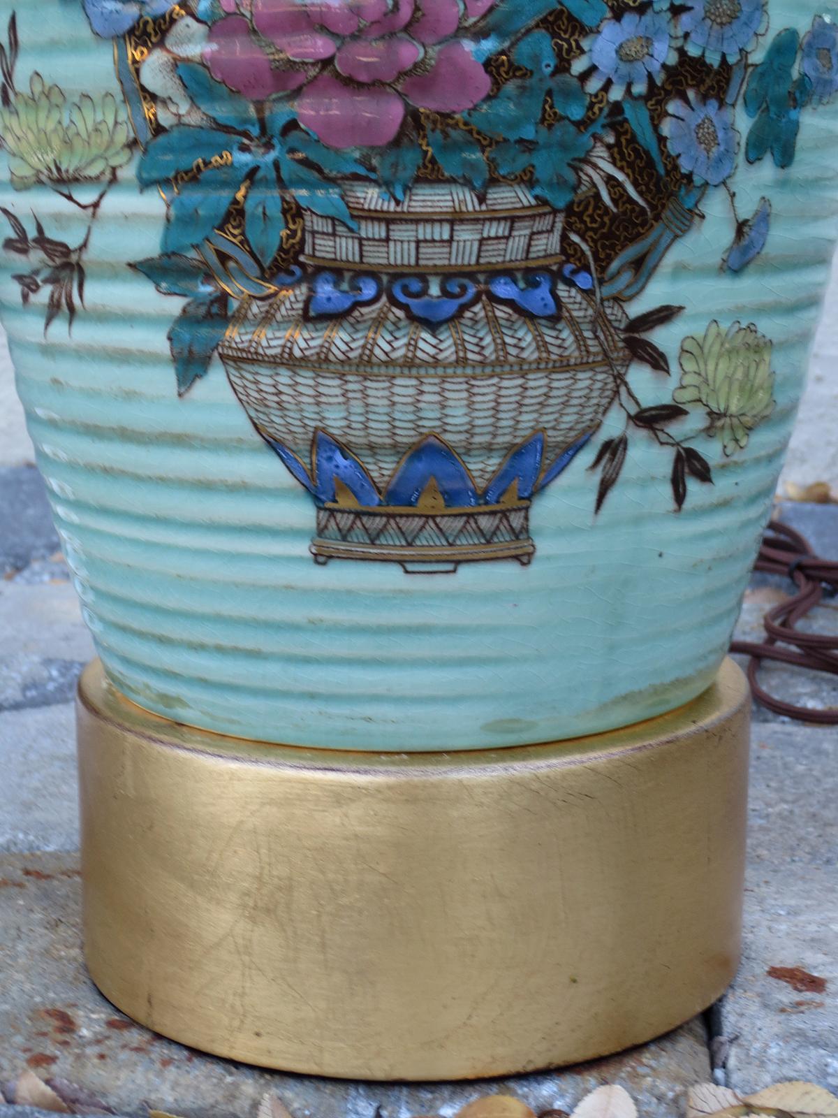 Pair of 19th Century Japanese Kutani Pottery Lamps on Custom Gilt Bases In Good Condition In Atlanta, GA