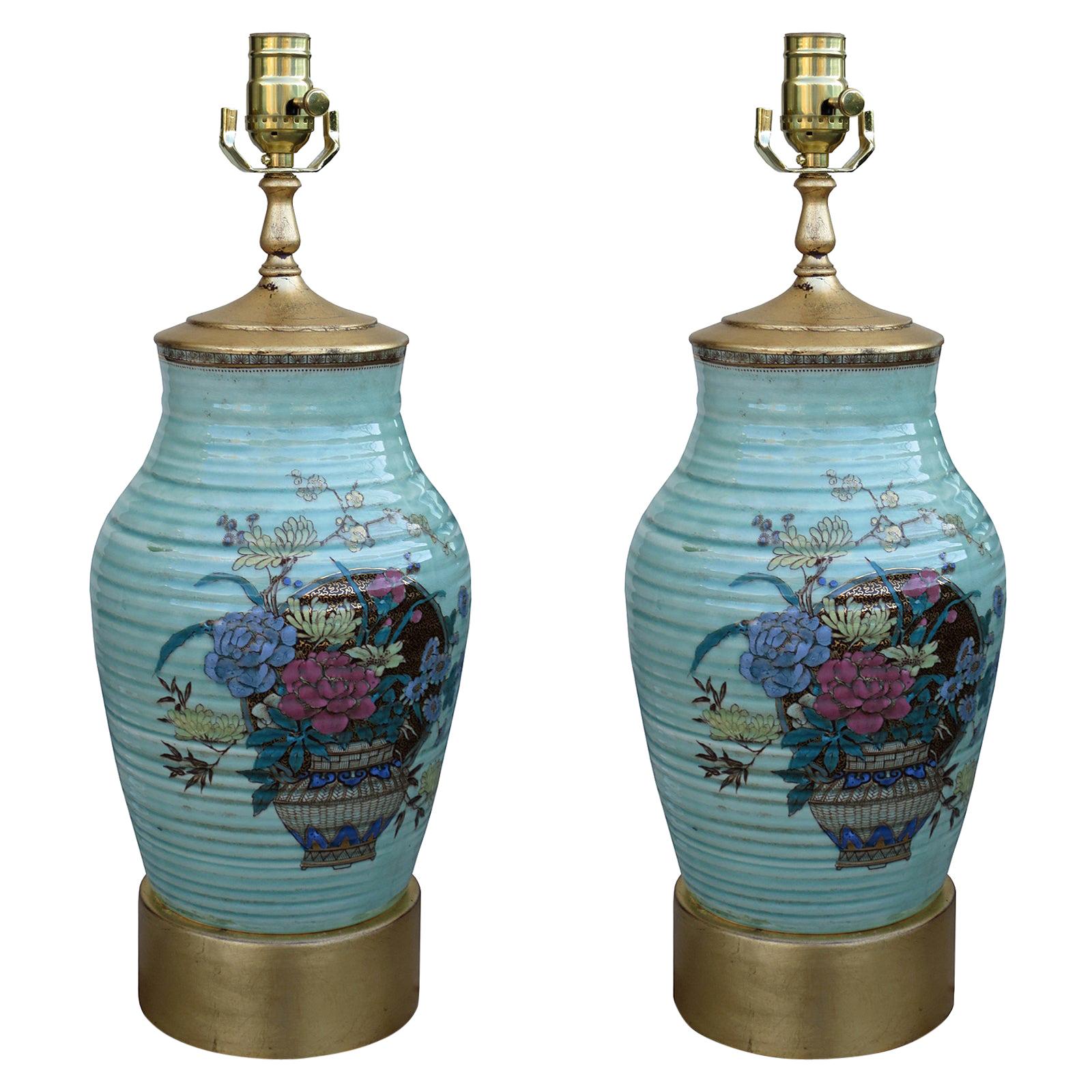 Pair of 19th Century Japanese Kutani Pottery Lamps on Custom Gilt Bases