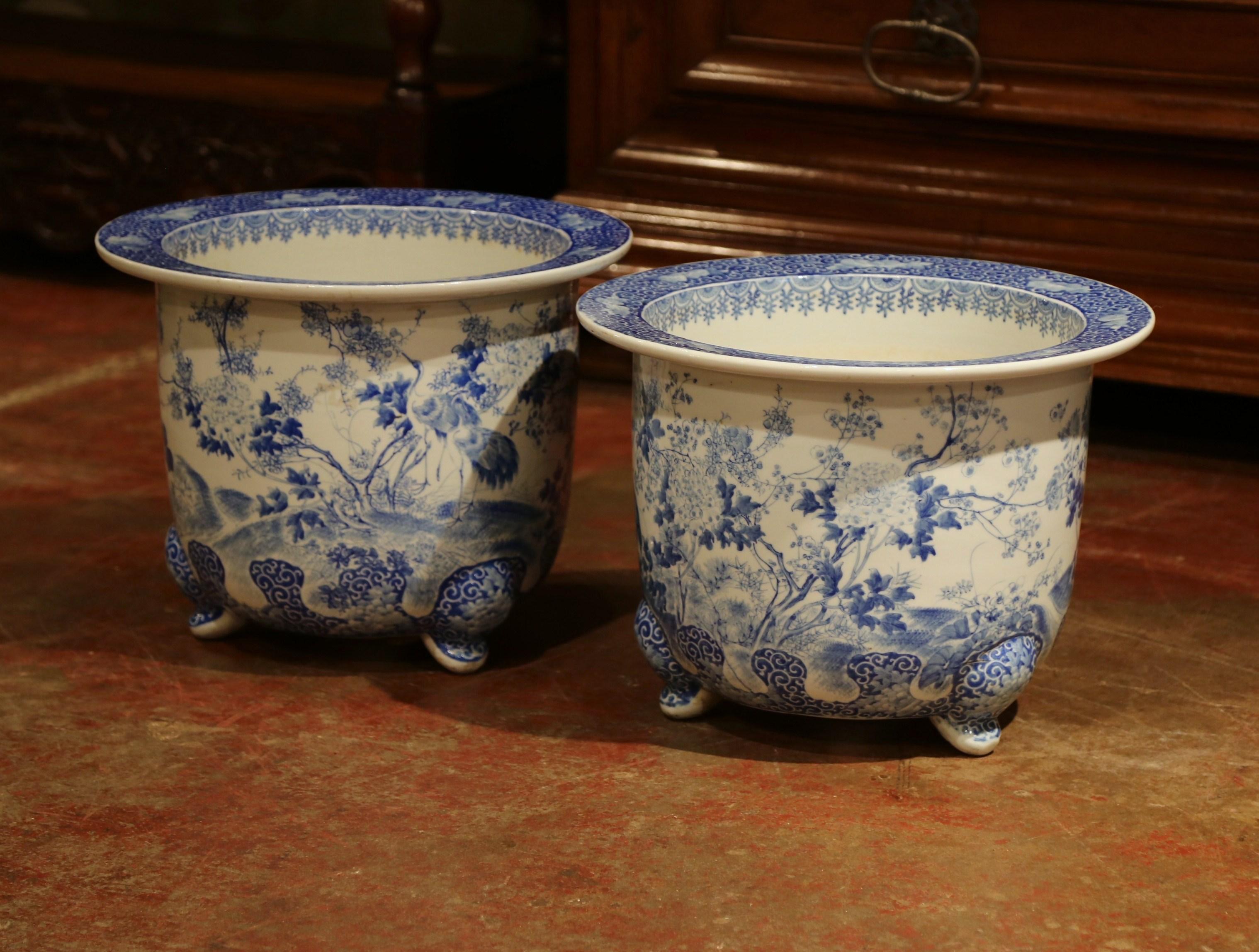 Hand-Painted Pair of 19th Century Japanese Meiji Period Blue and White Porcelain Cache-Pots