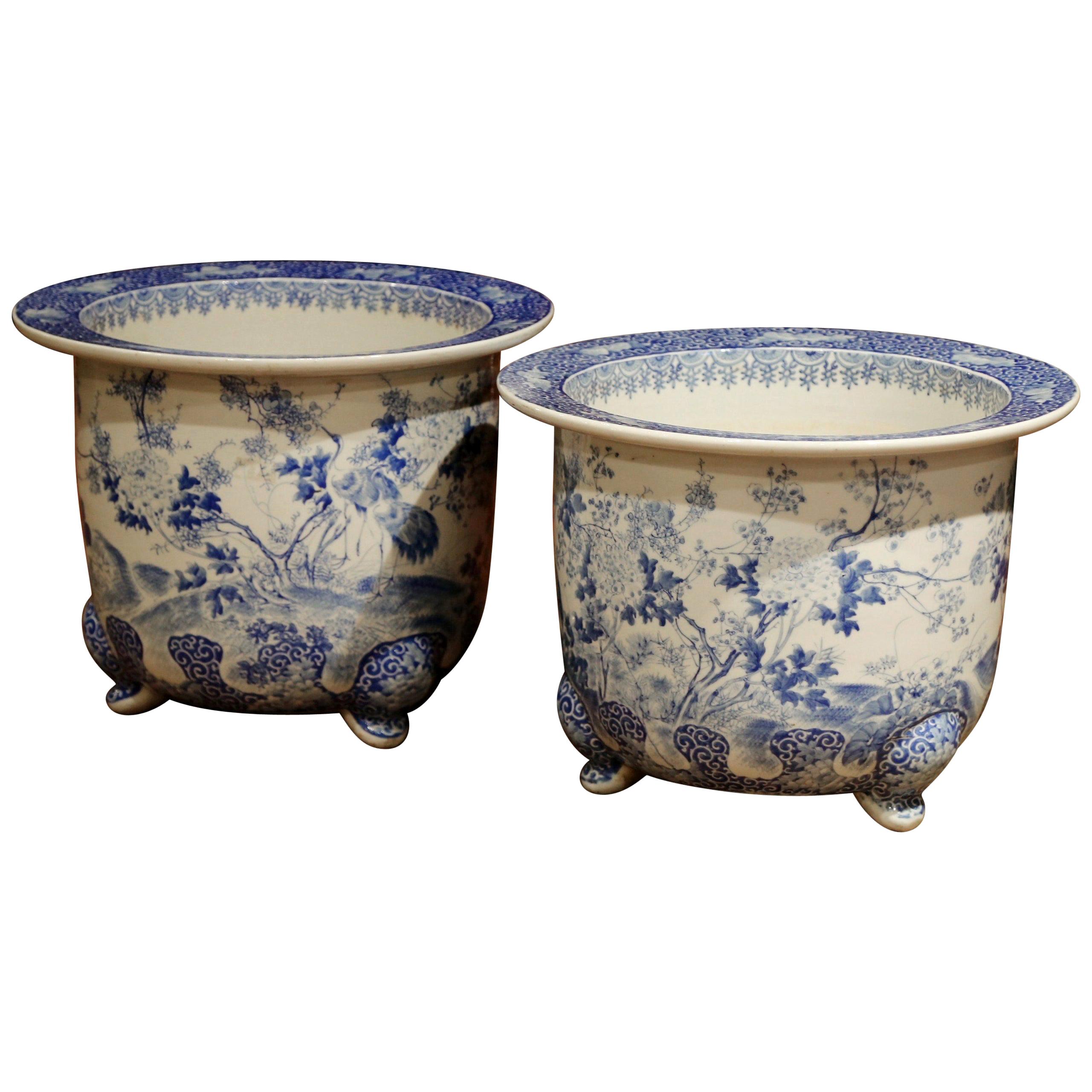 Pair of 19th Century Japanese Meiji Period Blue and White Porcelain Cache-Pots
