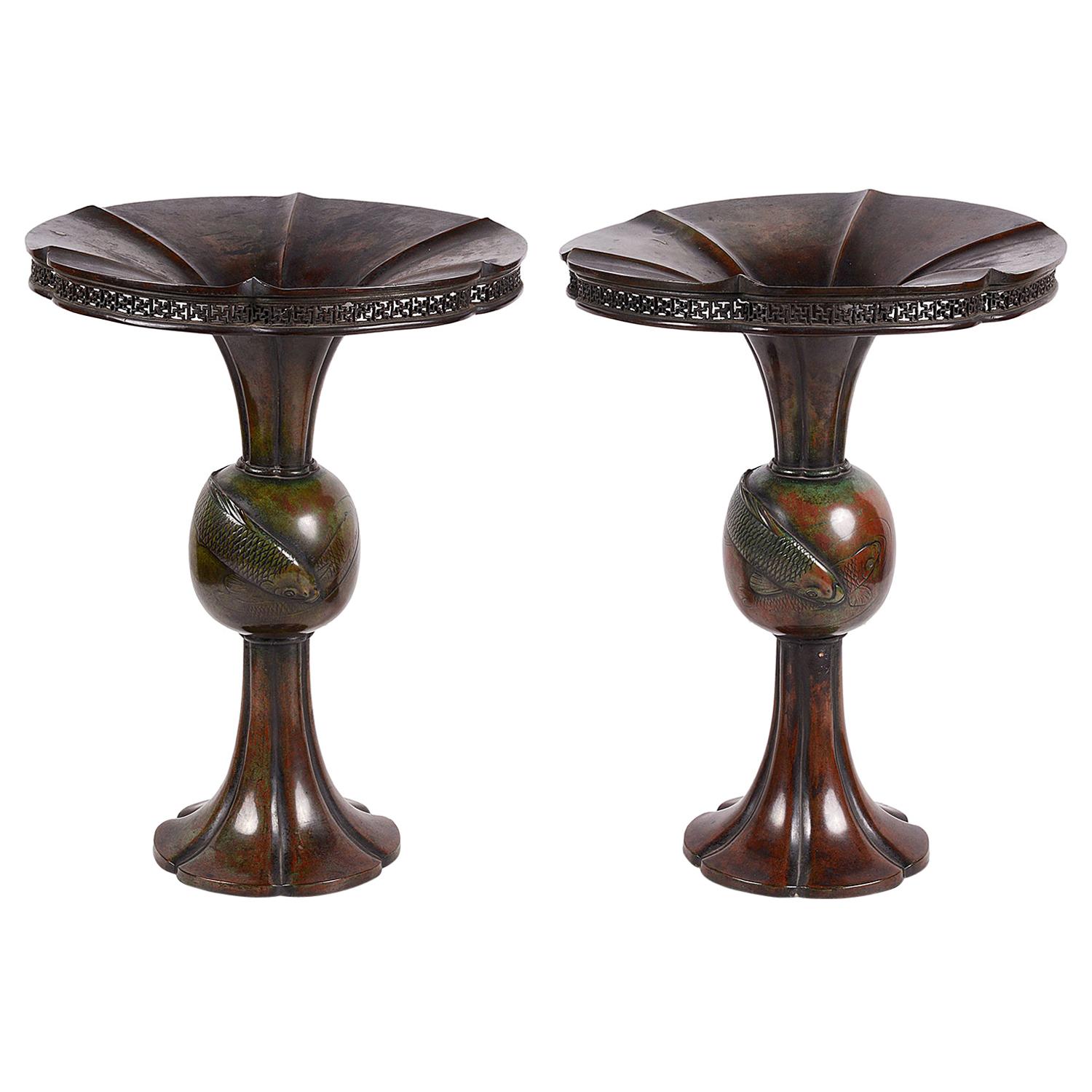 Pair of 19th Century Japanese Meiji Period Bronze Carp Vases