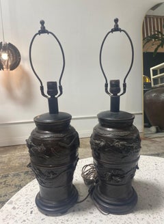 Pair of 19th Century Japanese Meiji Period Bronze Dragon Vase Table Lamps