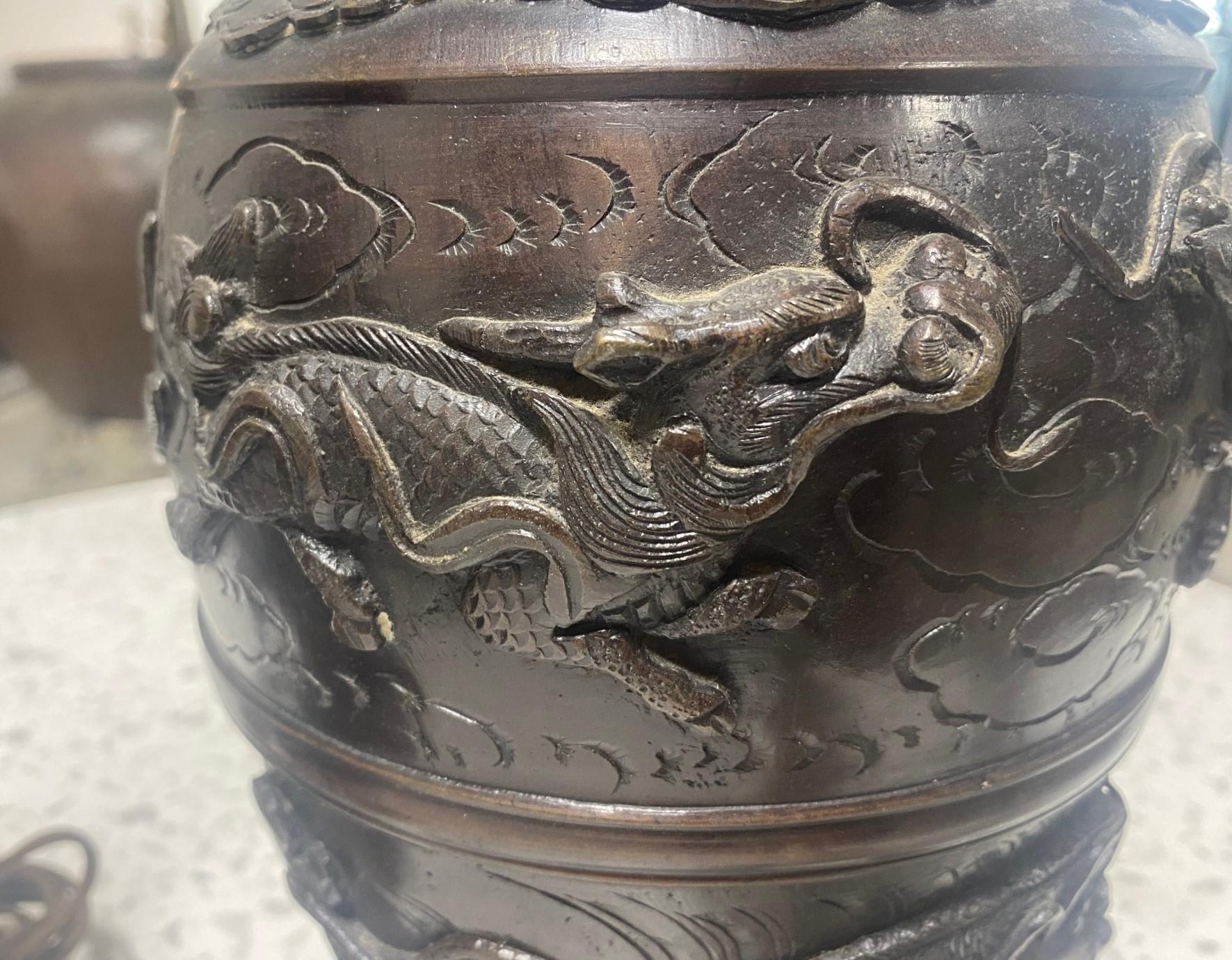 Japonais Paire de lampes de bureau japonaises du 19ème siècle en bronze représentant un dragon en vente