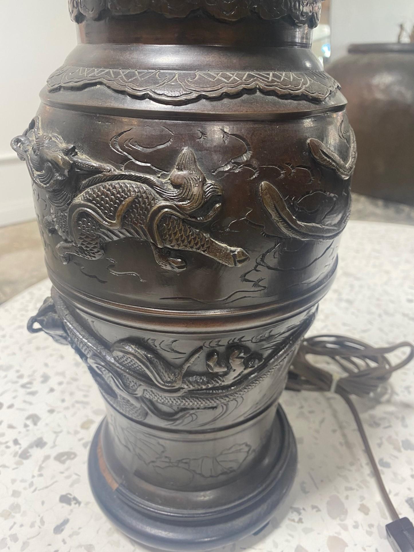 20ième siècle Paire de lampes de bureau japonaises du 19ème siècle en bronze représentant un dragon en vente