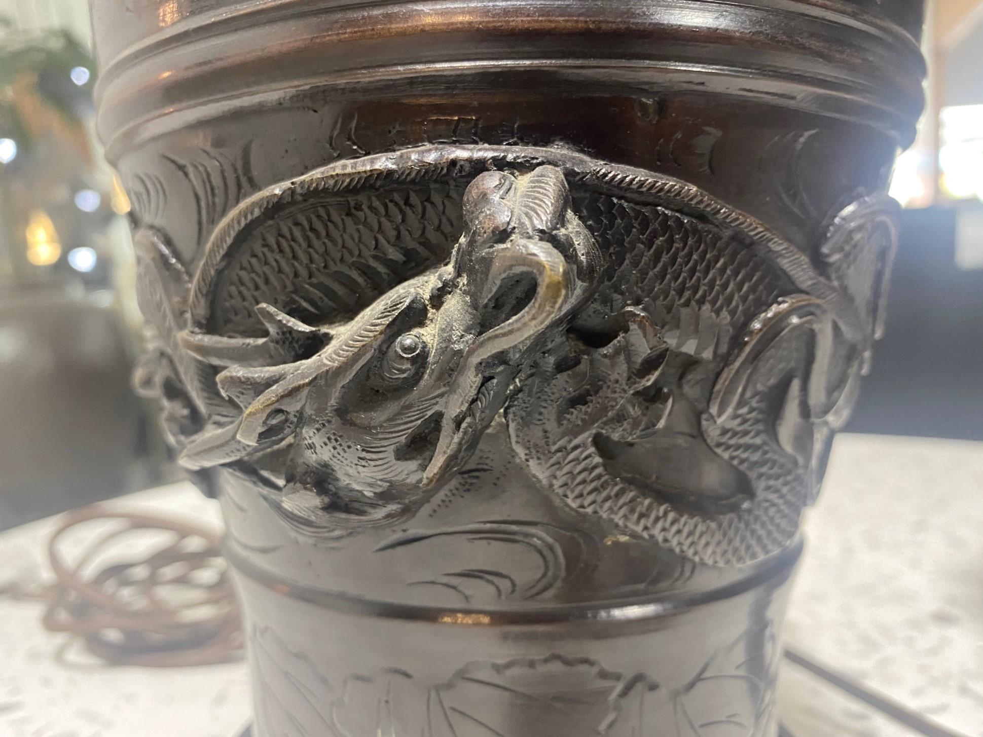 Bronze Paire de lampes de bureau japonaises du 19ème siècle en bronze représentant un dragon en vente