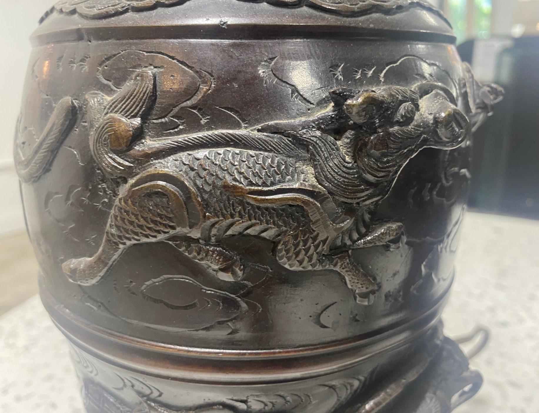 Paire de lampes de bureau japonaises du 19ème siècle en bronze représentant un dragon en vente 2