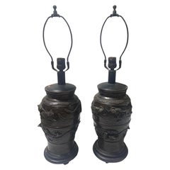 Pair of 19th Century Japanese Meiji Period Bronze Dragon Vase Table Lamps