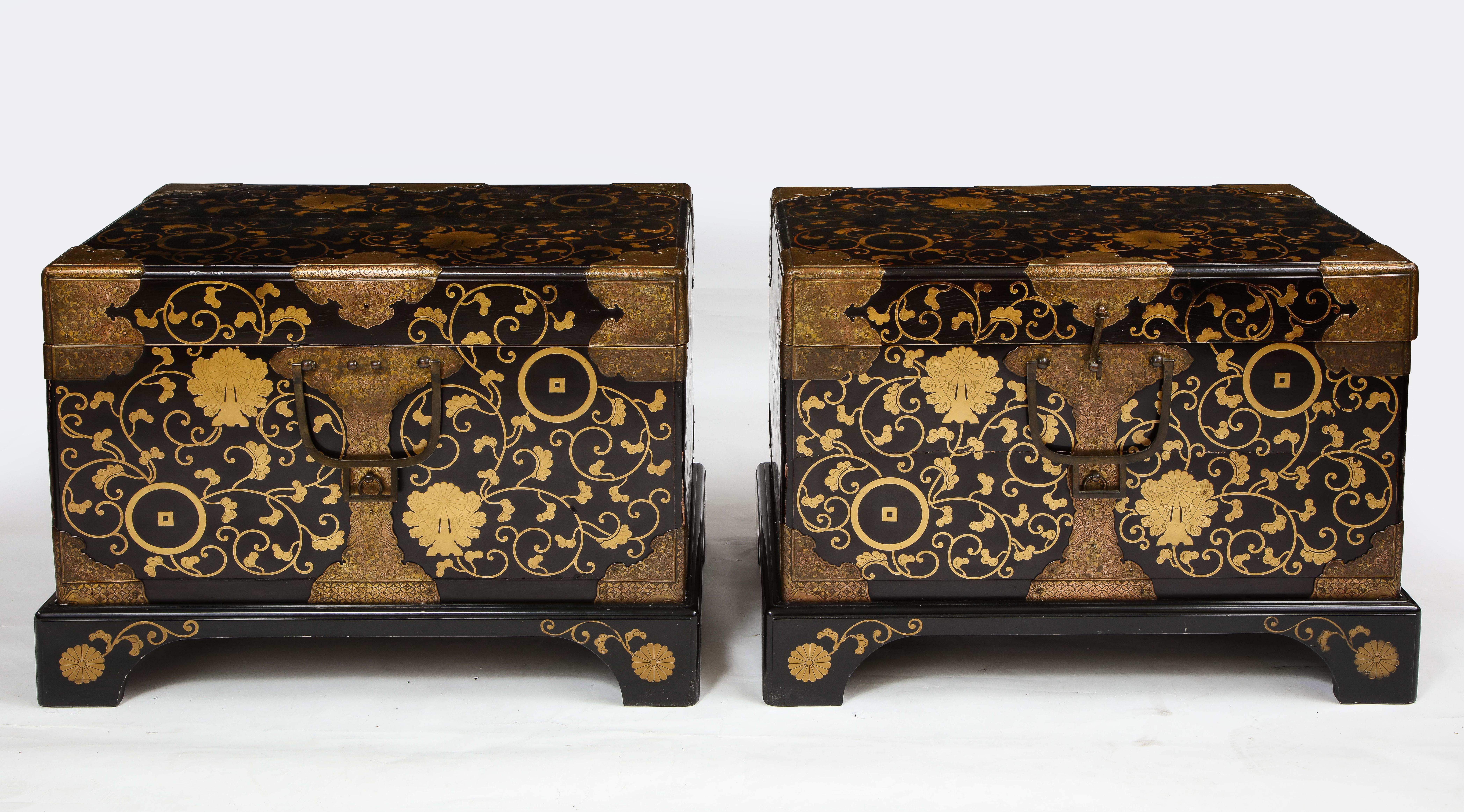 Gilt  Pair of 19th Century Japanese Meiji Period Dore Bronze Mounted Lacquered Chests For Sale